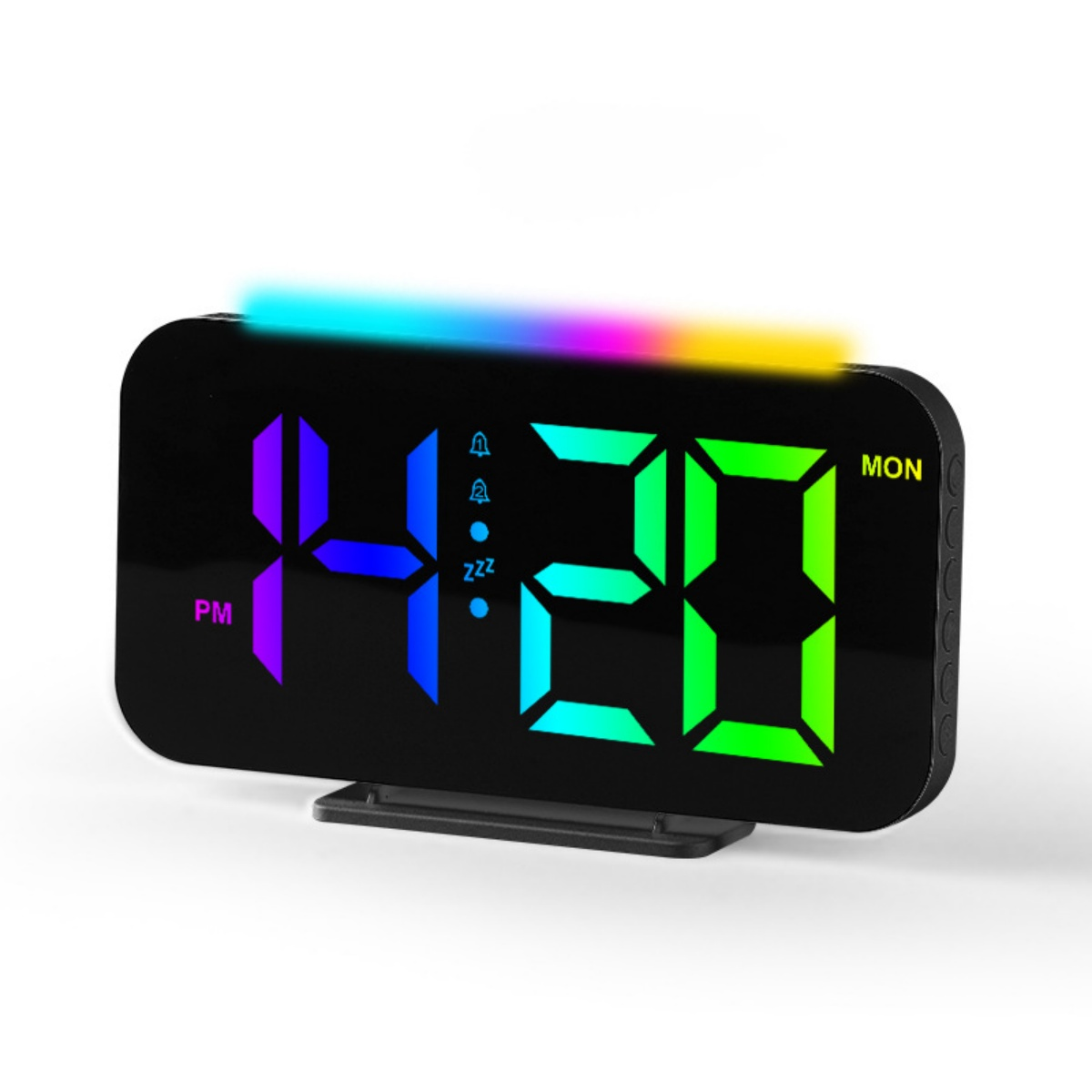 Digitaler Wecker zeigt 16:20 Uhr mit bunten LEDs und 'MON' Tag an.