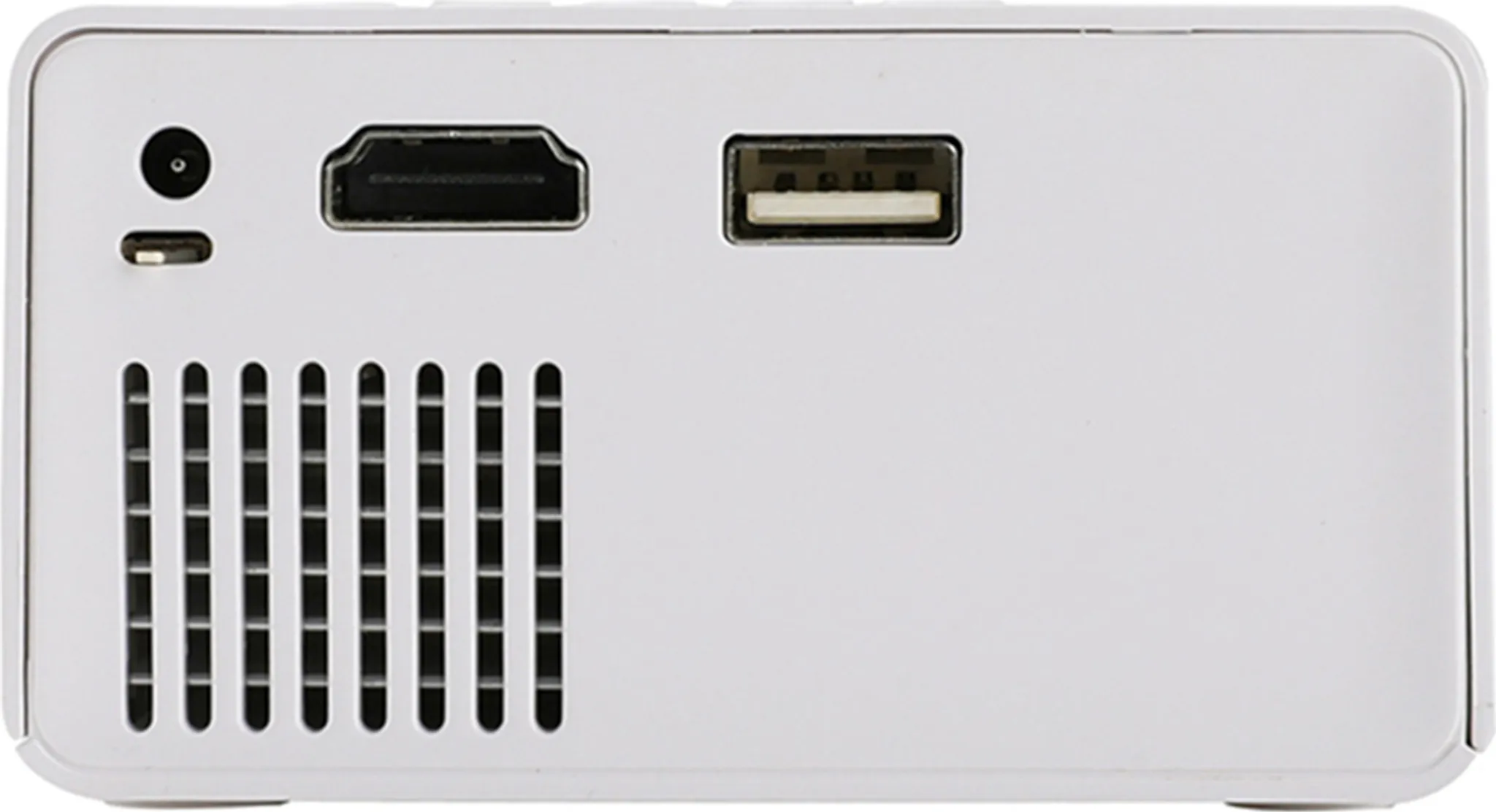 Weiße Projektor-Rückseite mit Anschlüssen: Netzteil, HDMI, USB und Lüftungsschlitzen.