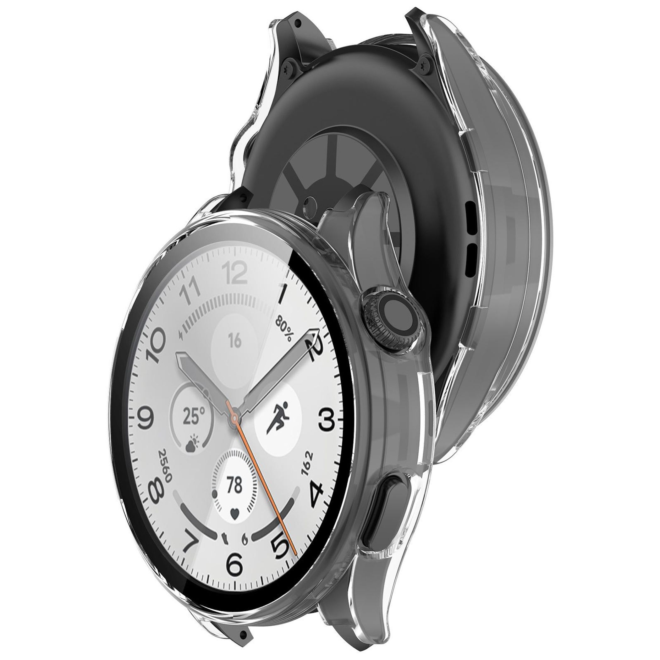 Una custodia protettiva trasparente copre uno smartwatch con quadrante grigio e lancette nere.