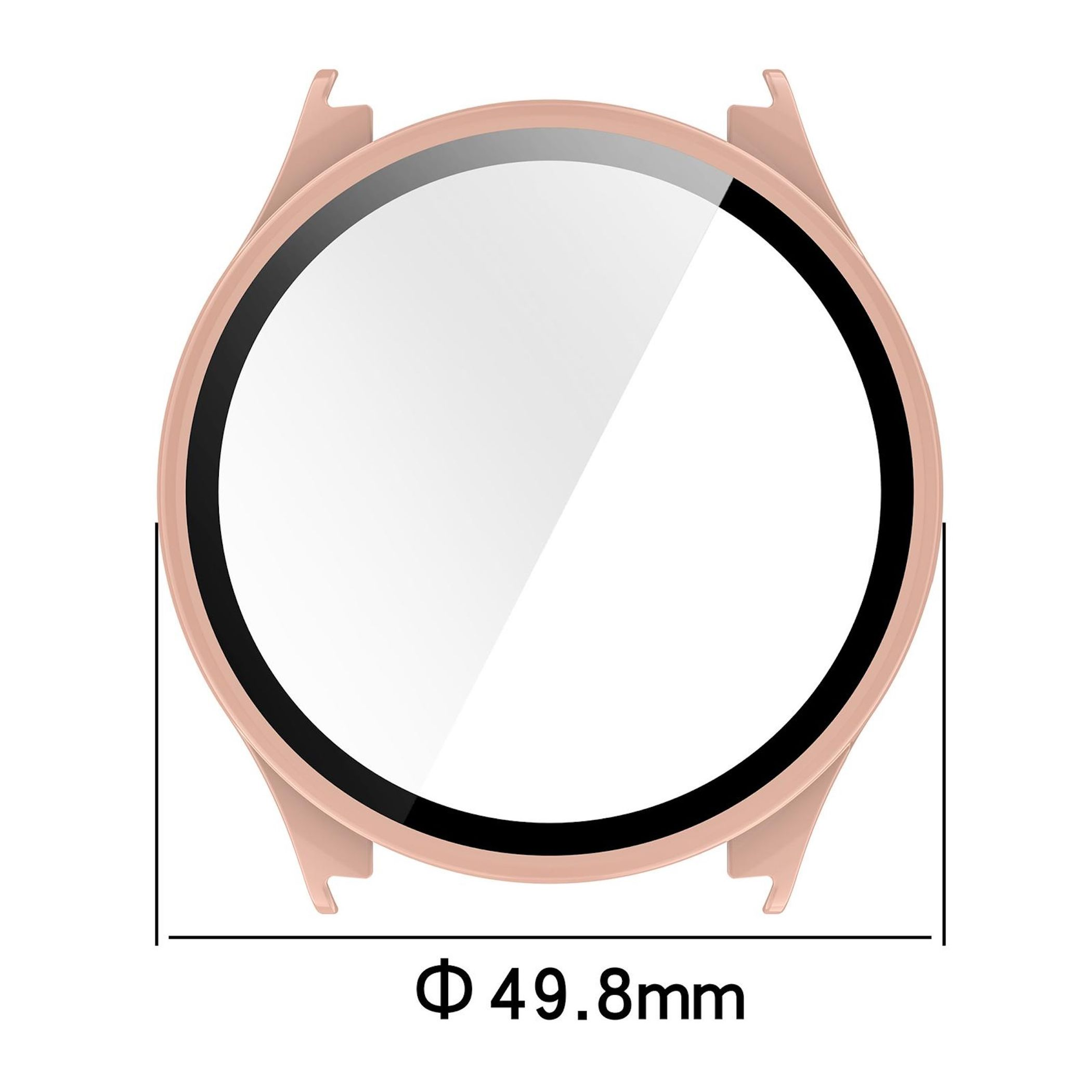 Cassa dell'orologio rosa con anello e vetro neri. Diametro 49,8 mm.