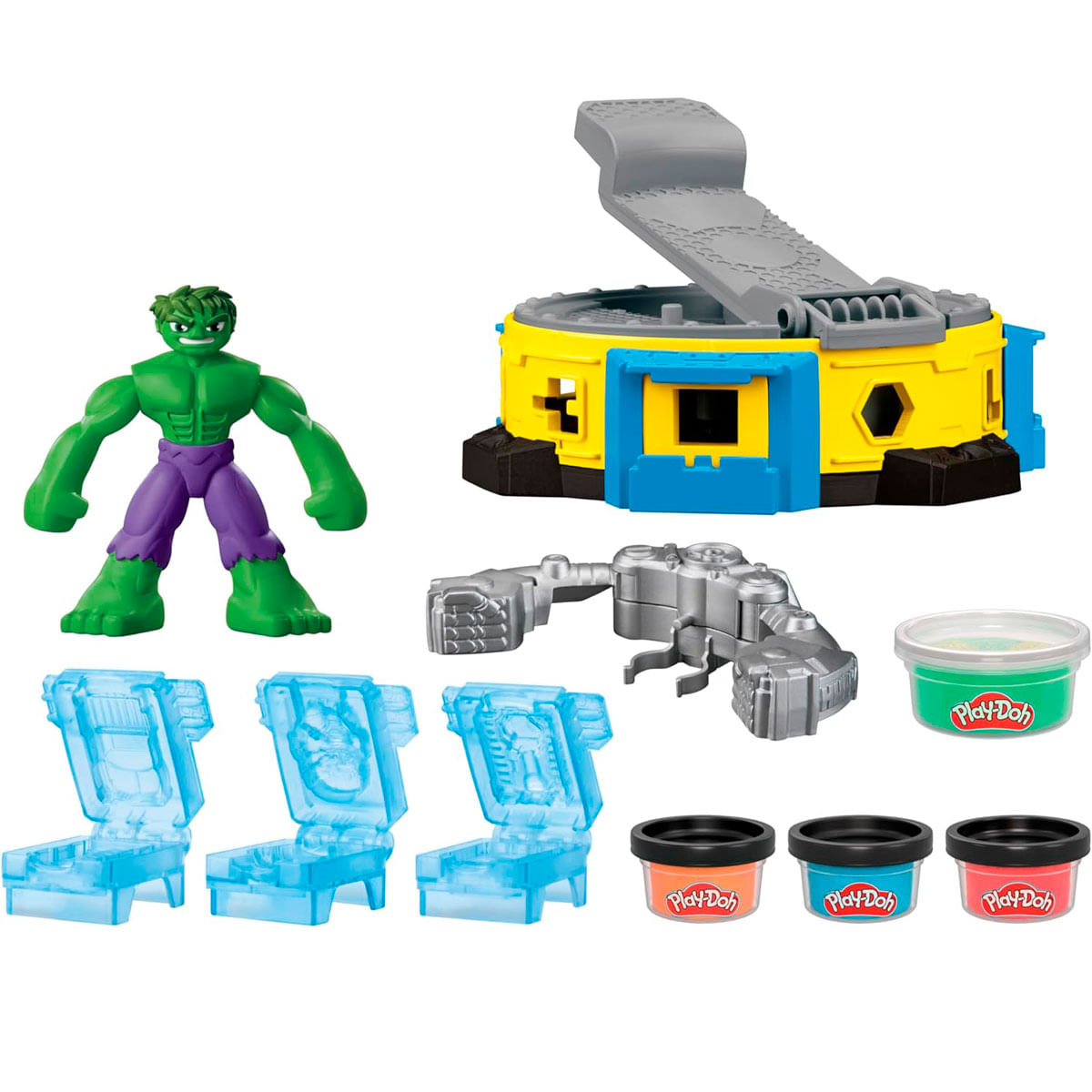 Hulk-Figur mit Spielturm, Zangenarm, drei blauen Sitzen und Play-Doh-Dosen.