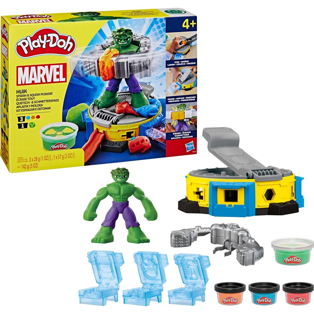 Play-Doh Marvel Hulk Smash & Squish Playset mit Figuren, Werkzeugen und Knete.