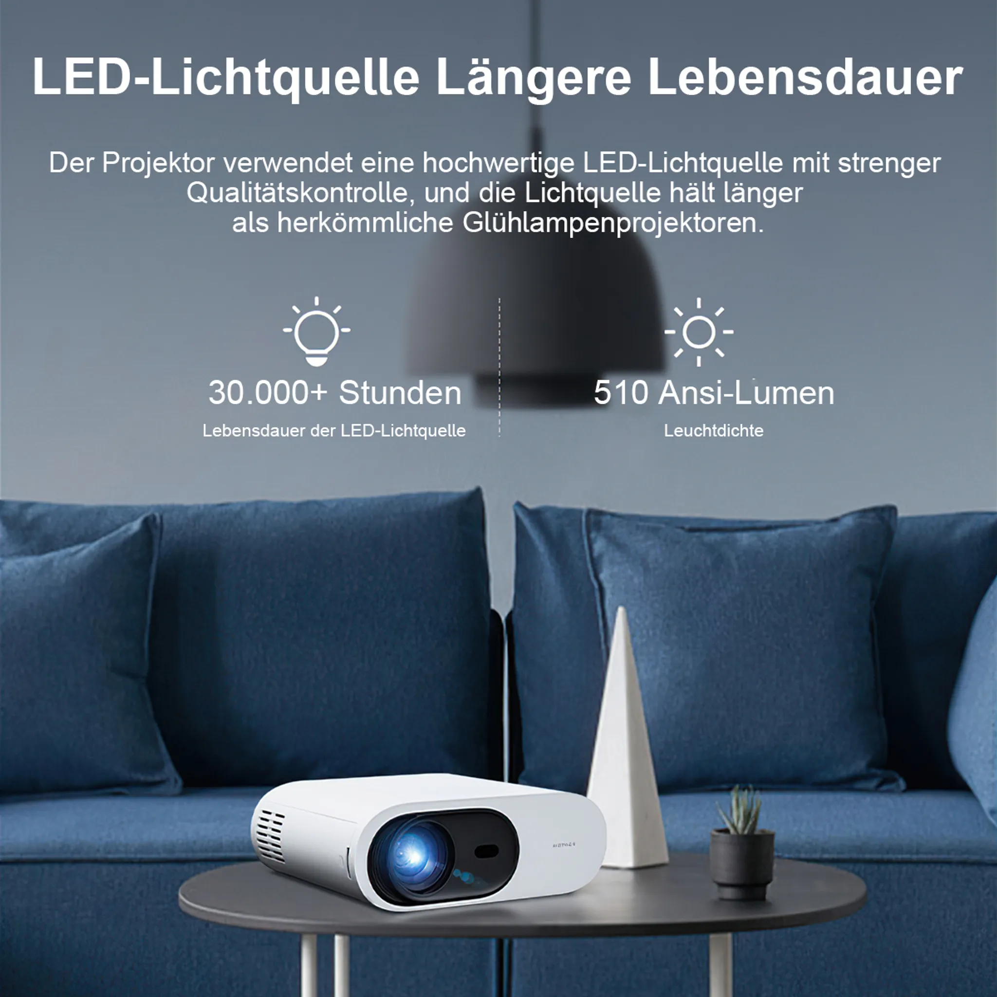 Ein weißer Projektor auf einem Tisch vor blauen Sofas. Text über LED-Lichtquelle.