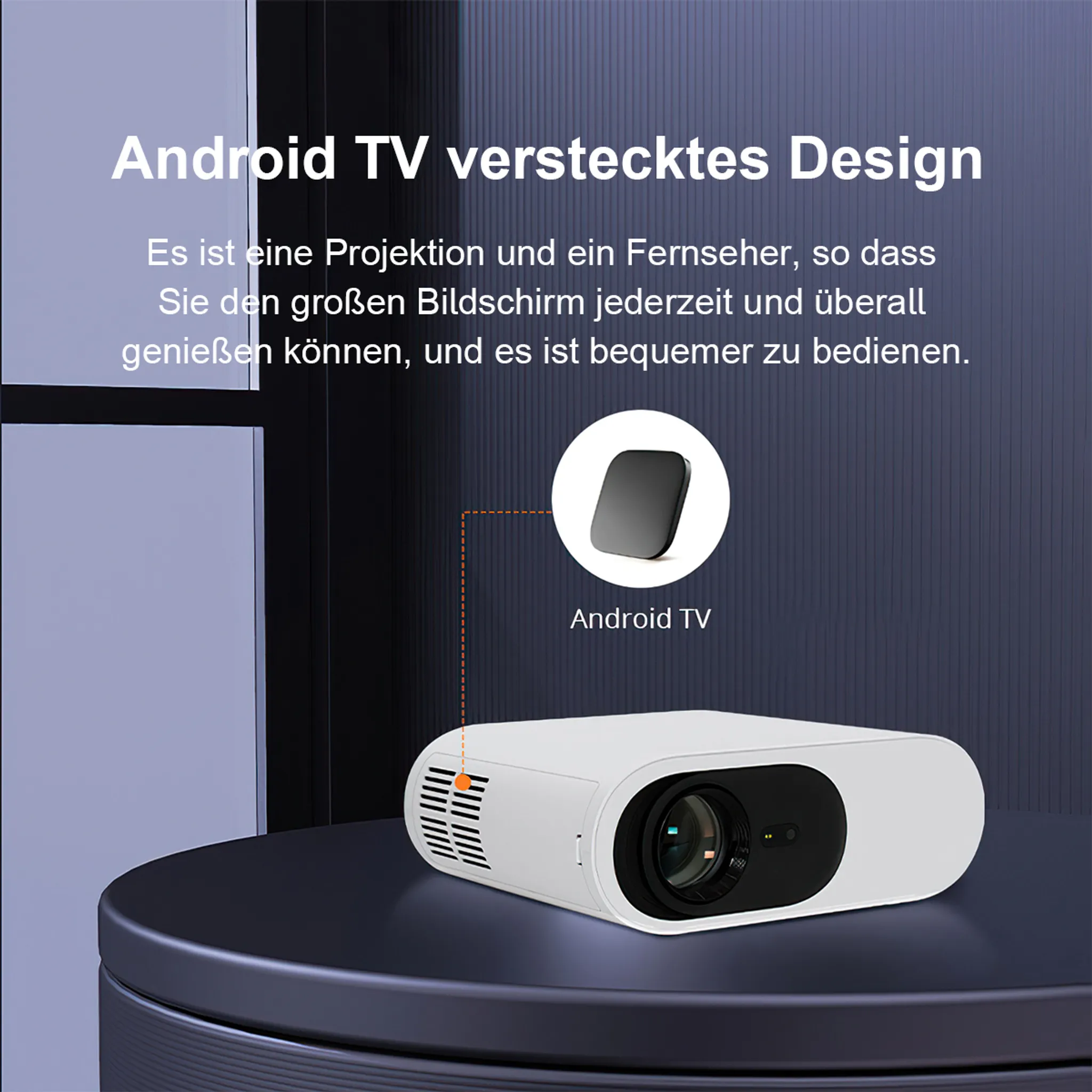 Ein weißer Projektor steht auf einem dunklen Tisch, daneben ein Android TV-Gerät.