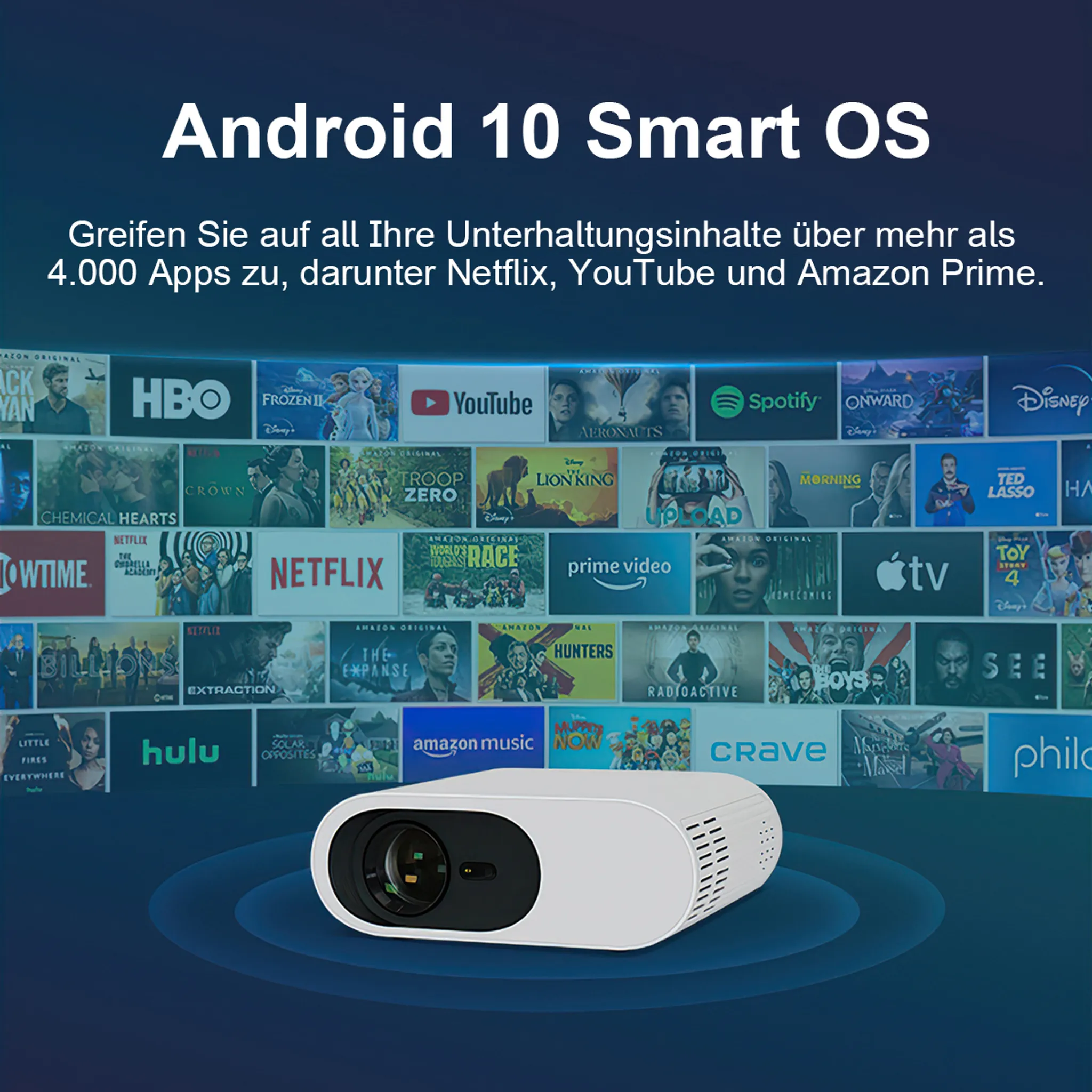 Ein weißer Projektor steht vor einer Collage von App-Logos, darunter Netflix, YouTube und Disney.