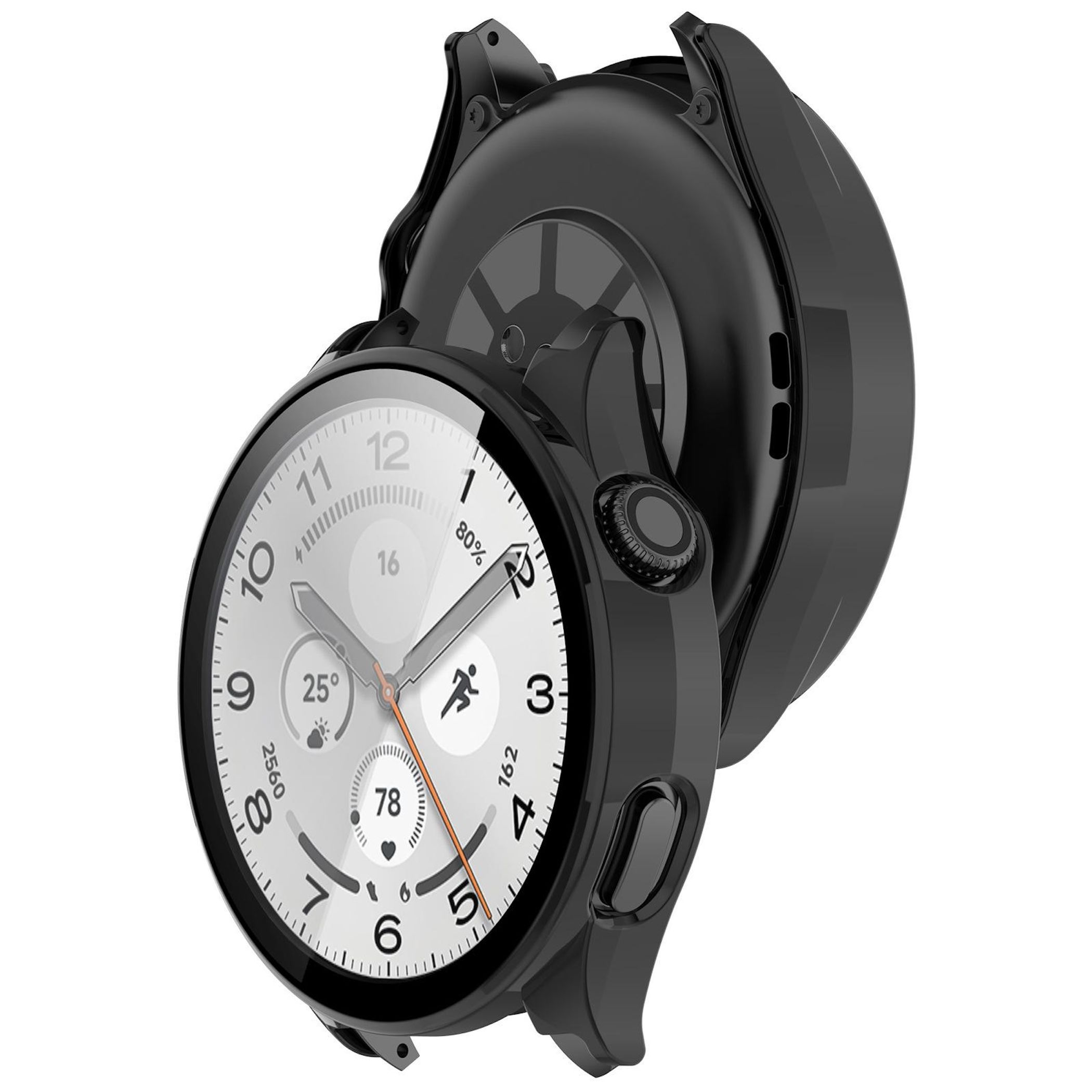 Smartwatch nero con quadrante rotondo che mostra ora, passi e temperatura.