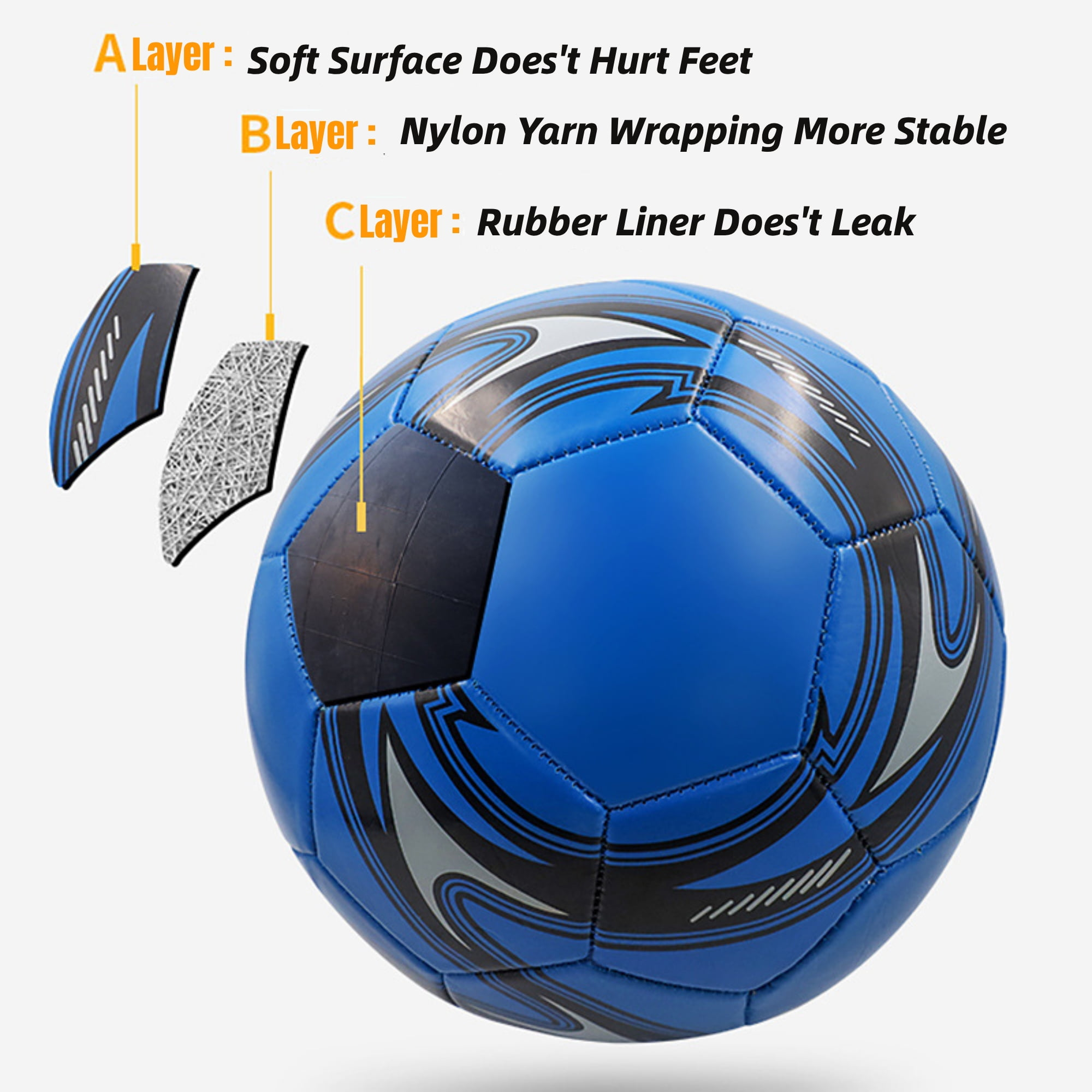 Ein blauer Fußball mit schwarzen und grauen Mustern, mit drei Schichten.