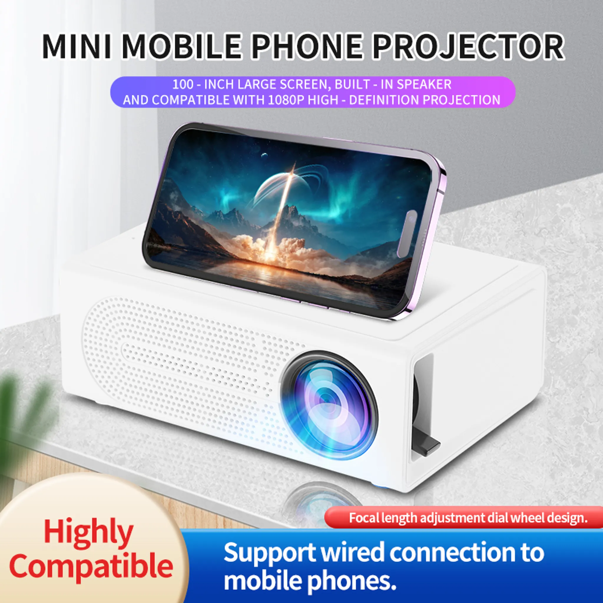 Weißer Mini-Projektor mit Handy-Bildschirm, 1080p HD-Auflösung.