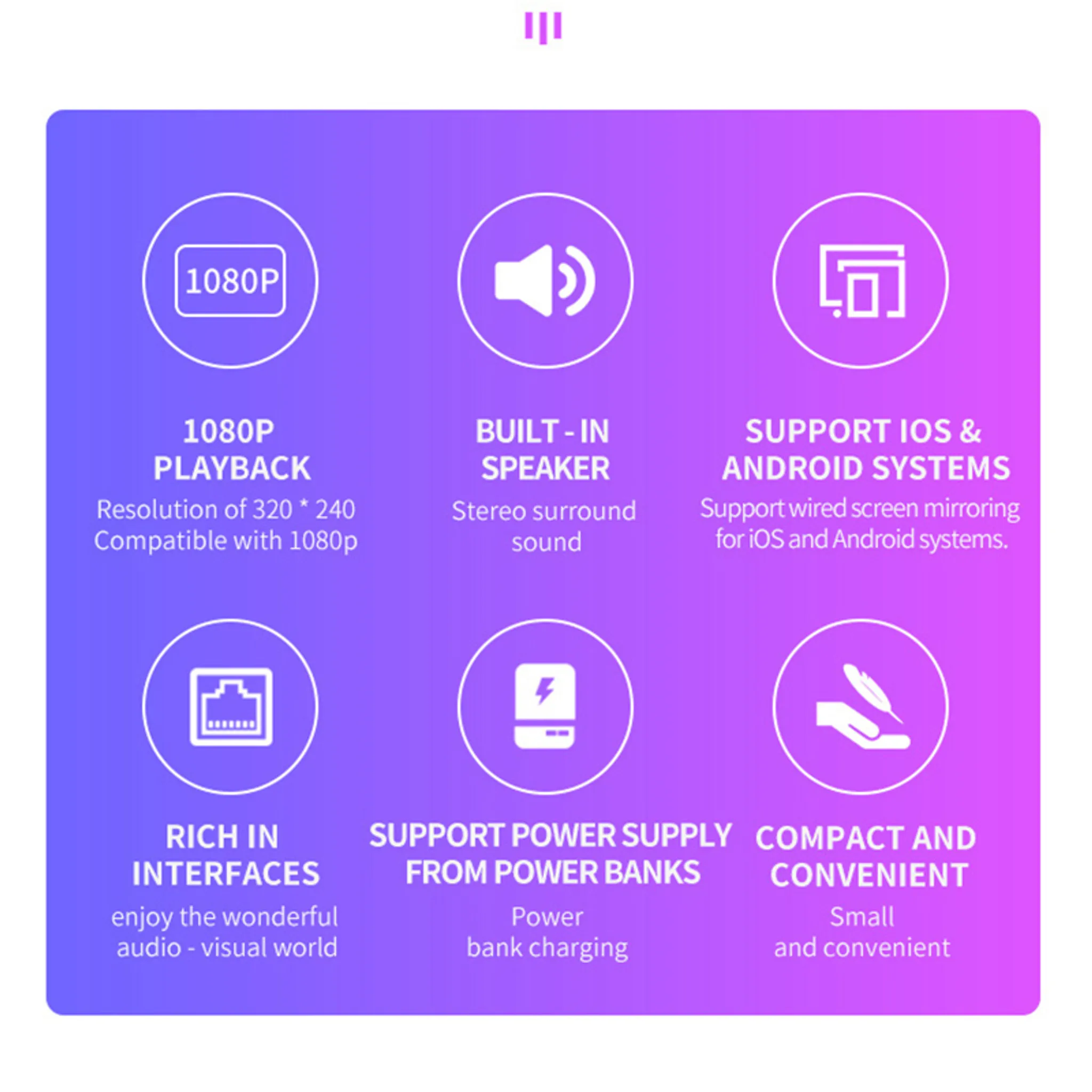 Infografik mit 6 Funktionen: 1080p Wiedergabe, integrierter Lautsprecher, iOS/Android-Unterstützung, Schnittstellen, Powerbank-Stromversorgung, kompakt.