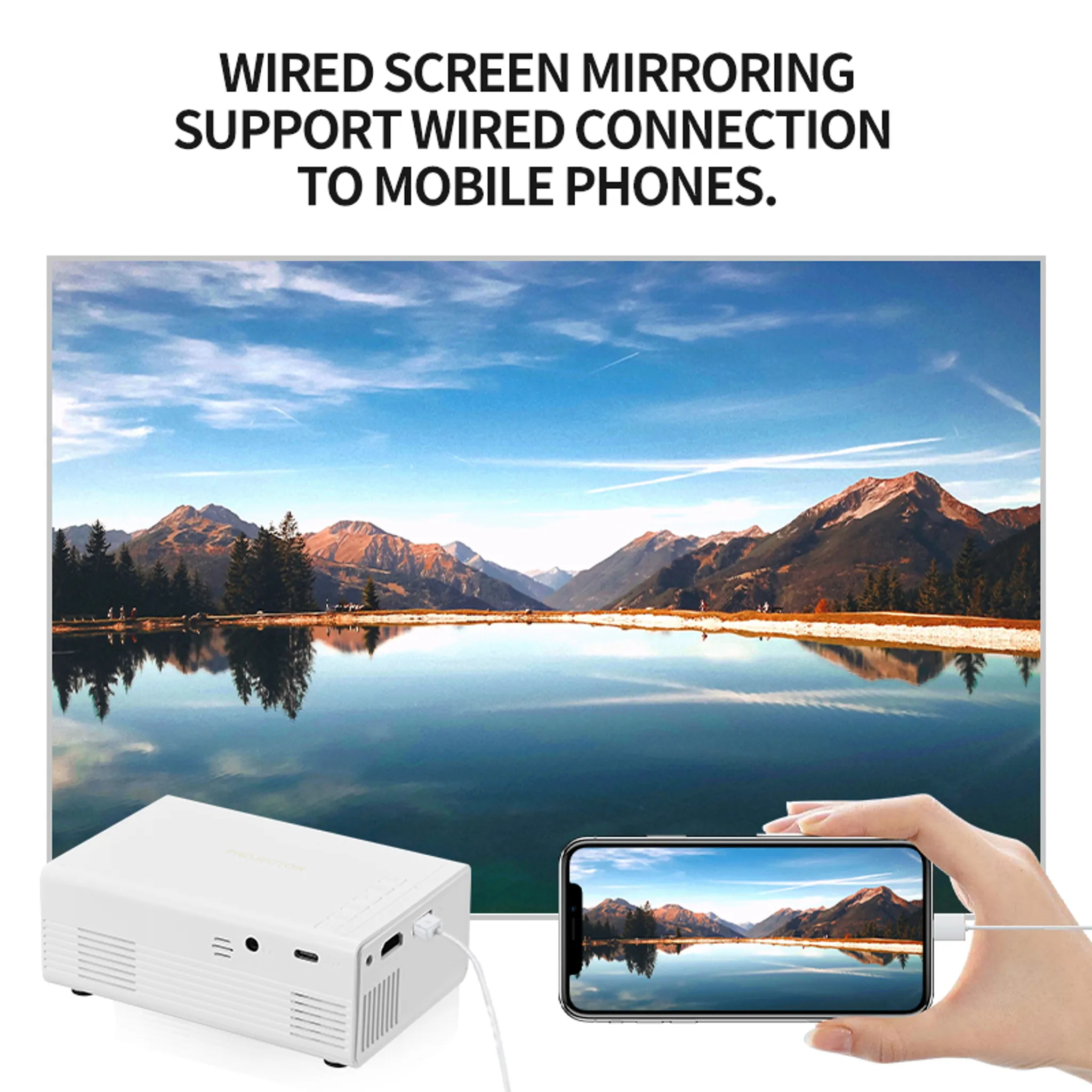 Ein weißer Projektor ist mit einem Smartphone verbunden, das ein Bergsee-Panorama zeigt.