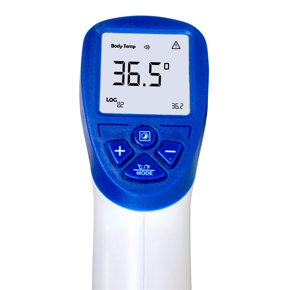 Un termómetro azul y blanco muestra 36,5 grados Celsius.