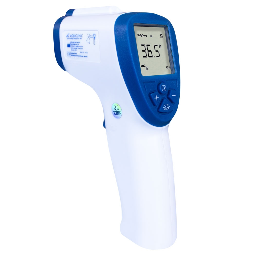 Un termómetro infrarrojo blanco y azul muestra 36,5 grados.
