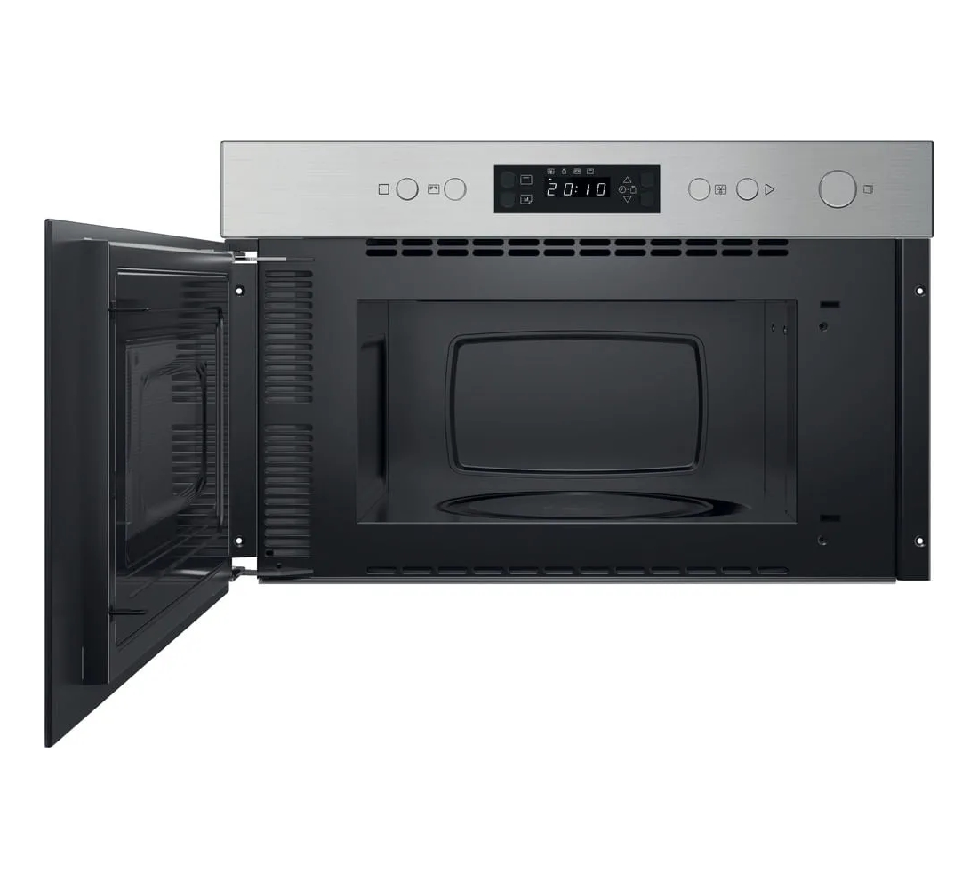 Horno microondas empotrado con puerta abierta, panel plateado y pantalla digital.