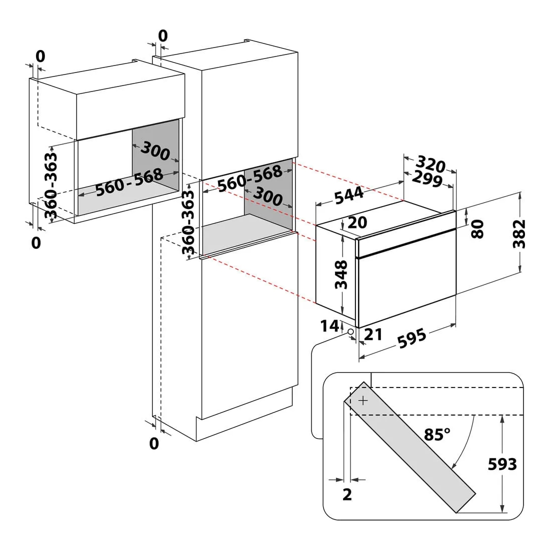 Dibujo técnico de un horno empotrable con dimensiones y detalles de instalación.