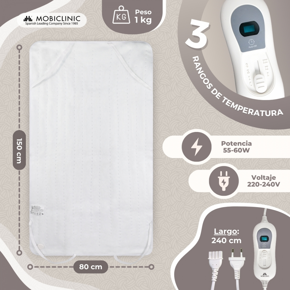 Una manta eléctrica blanca de 150x80 cm, 1 kg, 55-60W, 220-240V.