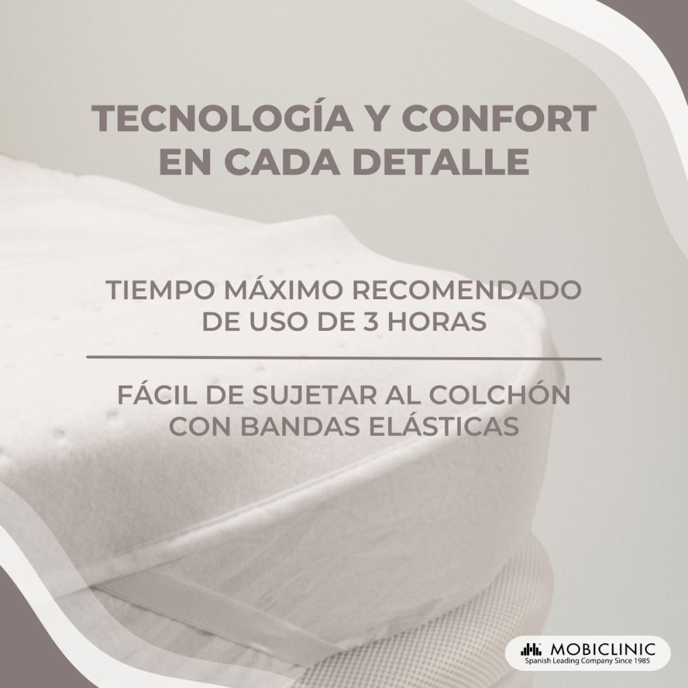 Imagen de un cubrecolchón blanco con texto sobre tecnología y confort.