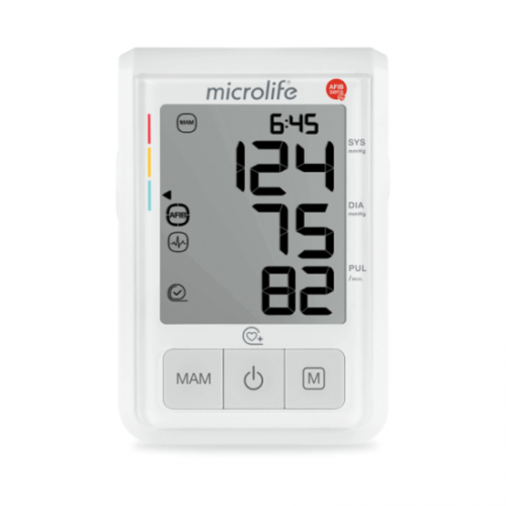 Monitor de presión arterial Microlife blanco mostrando lecturas 124/75/82 y hora 6:45.