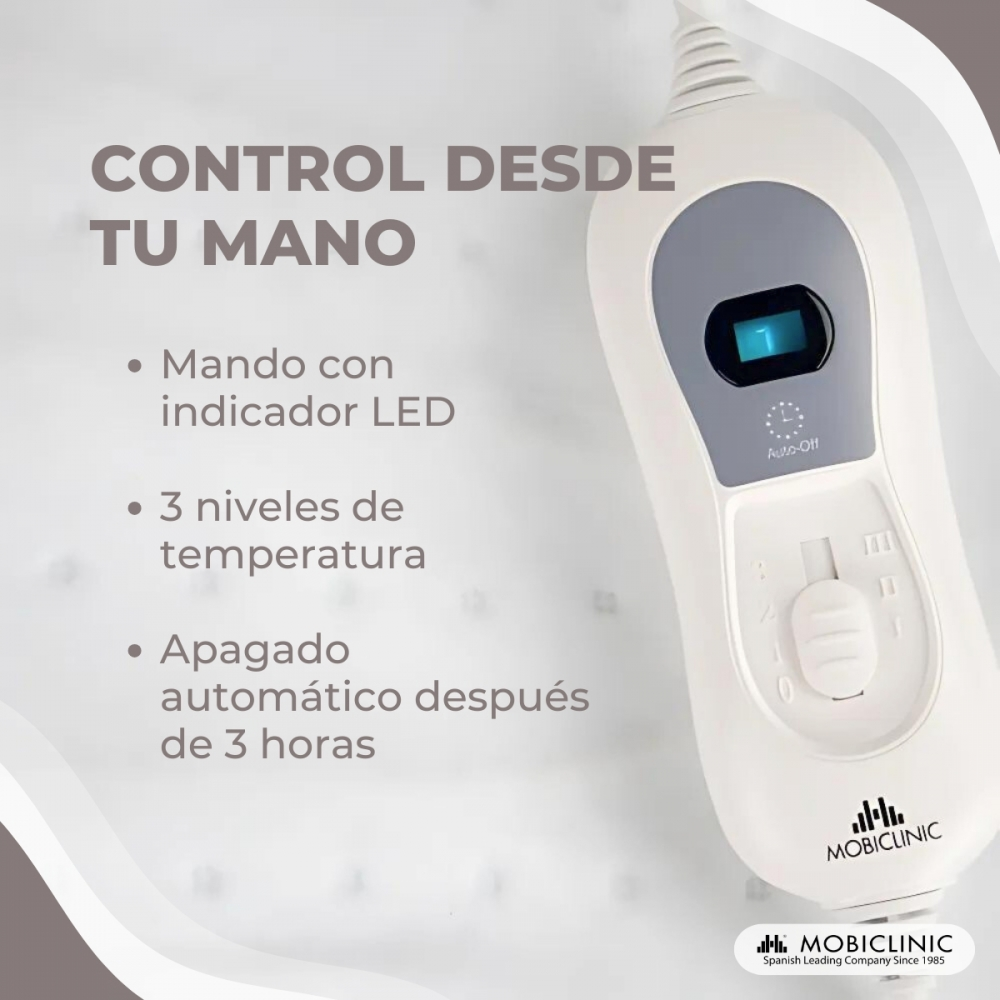 Mando blanco con pantalla LED, ajustes de temperatura y función de apagado automático.