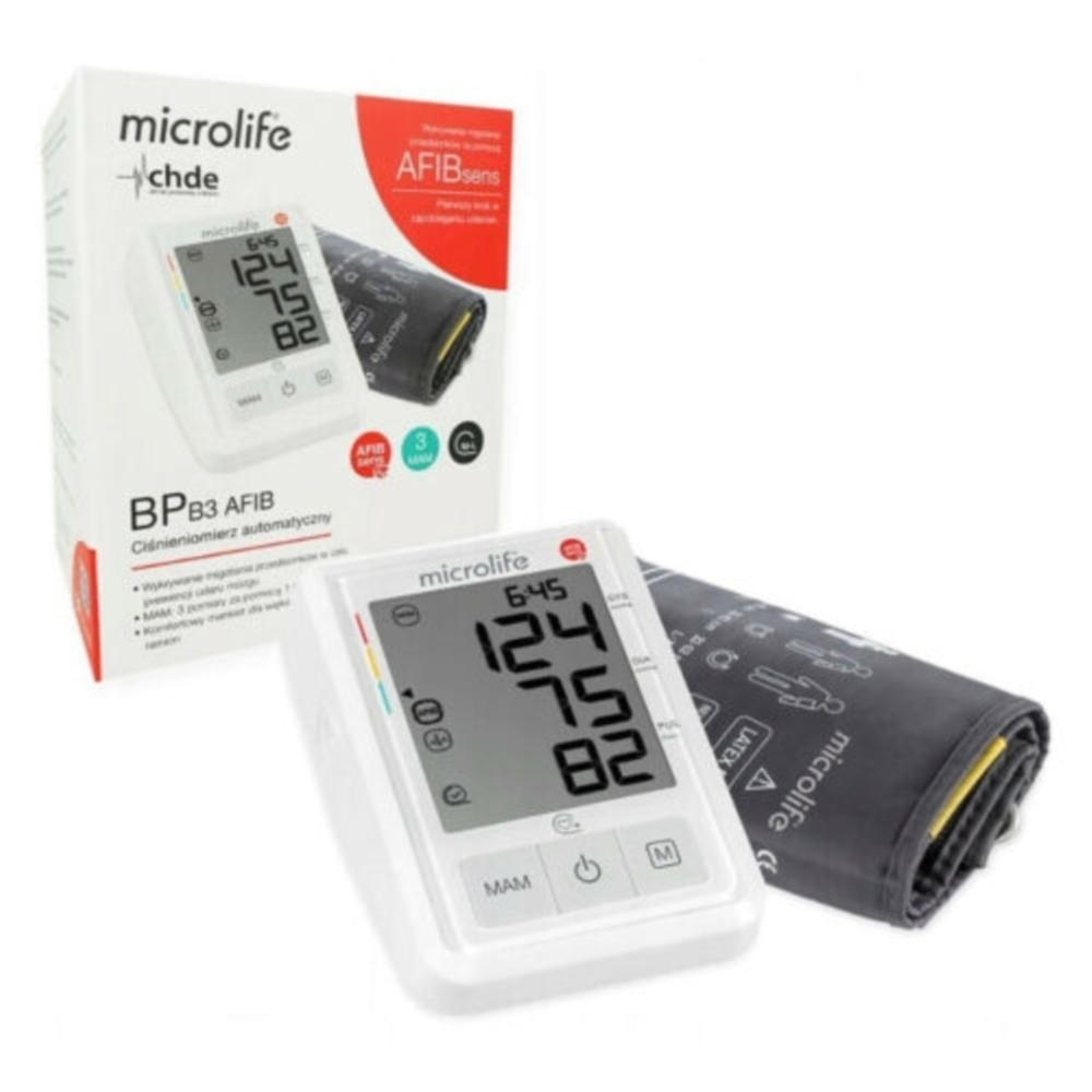 Un tensiómetro de brazo blanco Microlife con manguito.