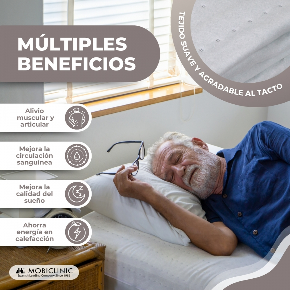 Hombre mayor durmiendo en almohada, gafas en la frente. Beneficios listados.