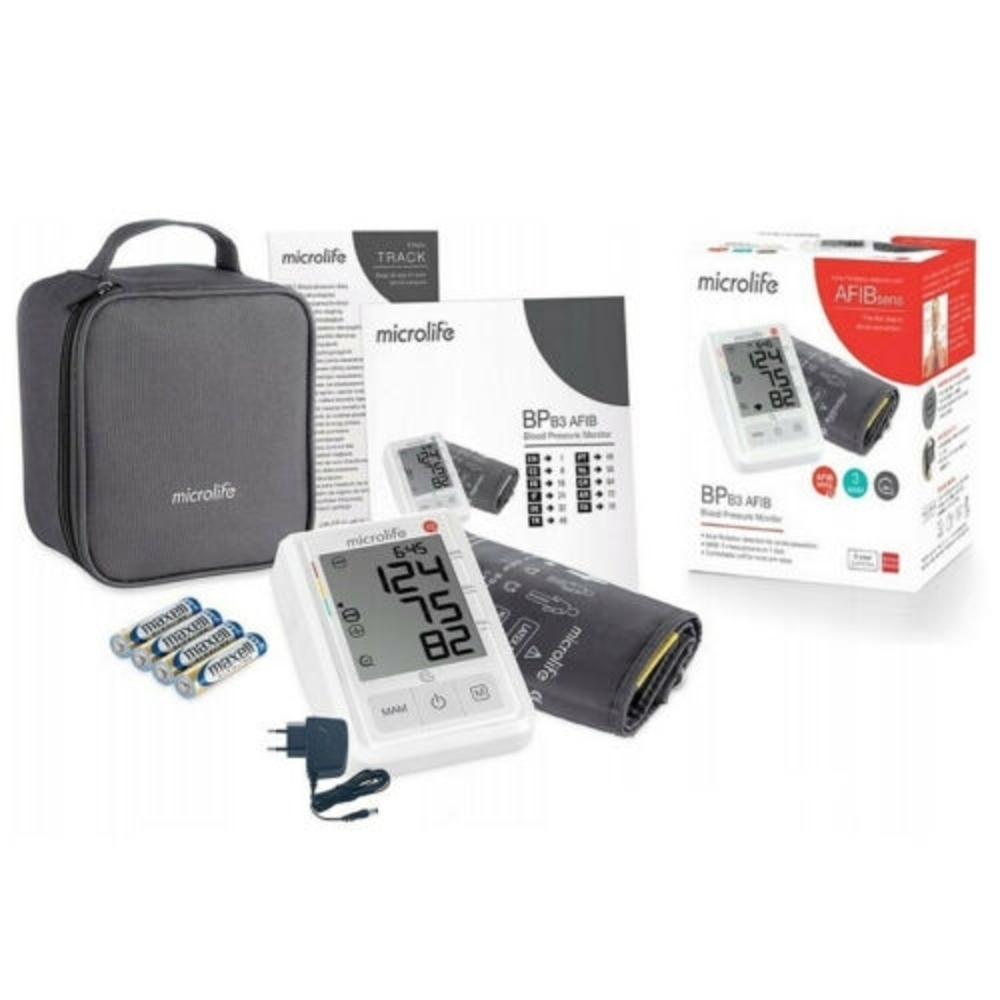 Set de tensiómetro Microlife con manguito, adaptador de corriente, pilas y bolsa.