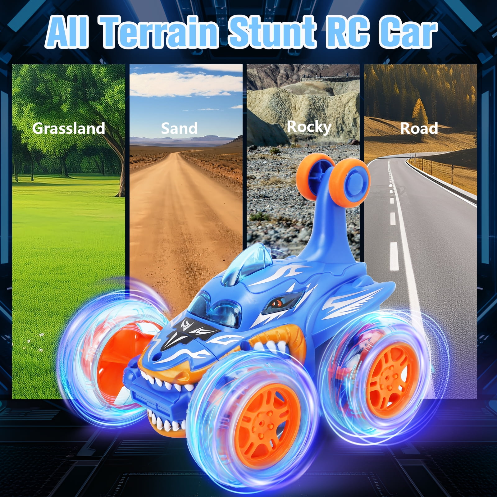 Ein blaues ferngesteuertes Stunt-Auto mit leuchtenden Rädern vor vier Szenarien.