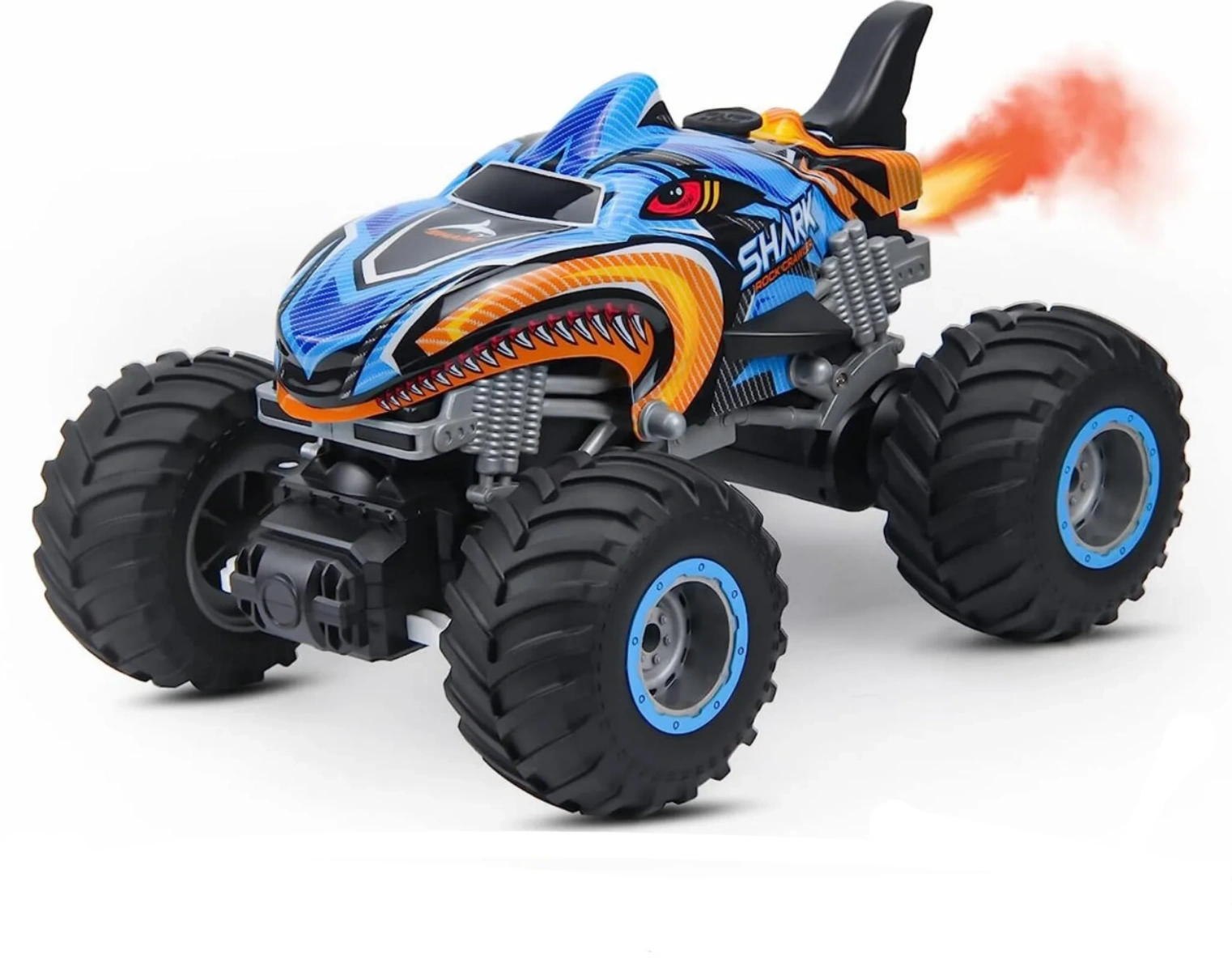 Ein blau-oranges Monster-Truck-Spielzeugauto mit Hai-Design und Flammenausstoß.