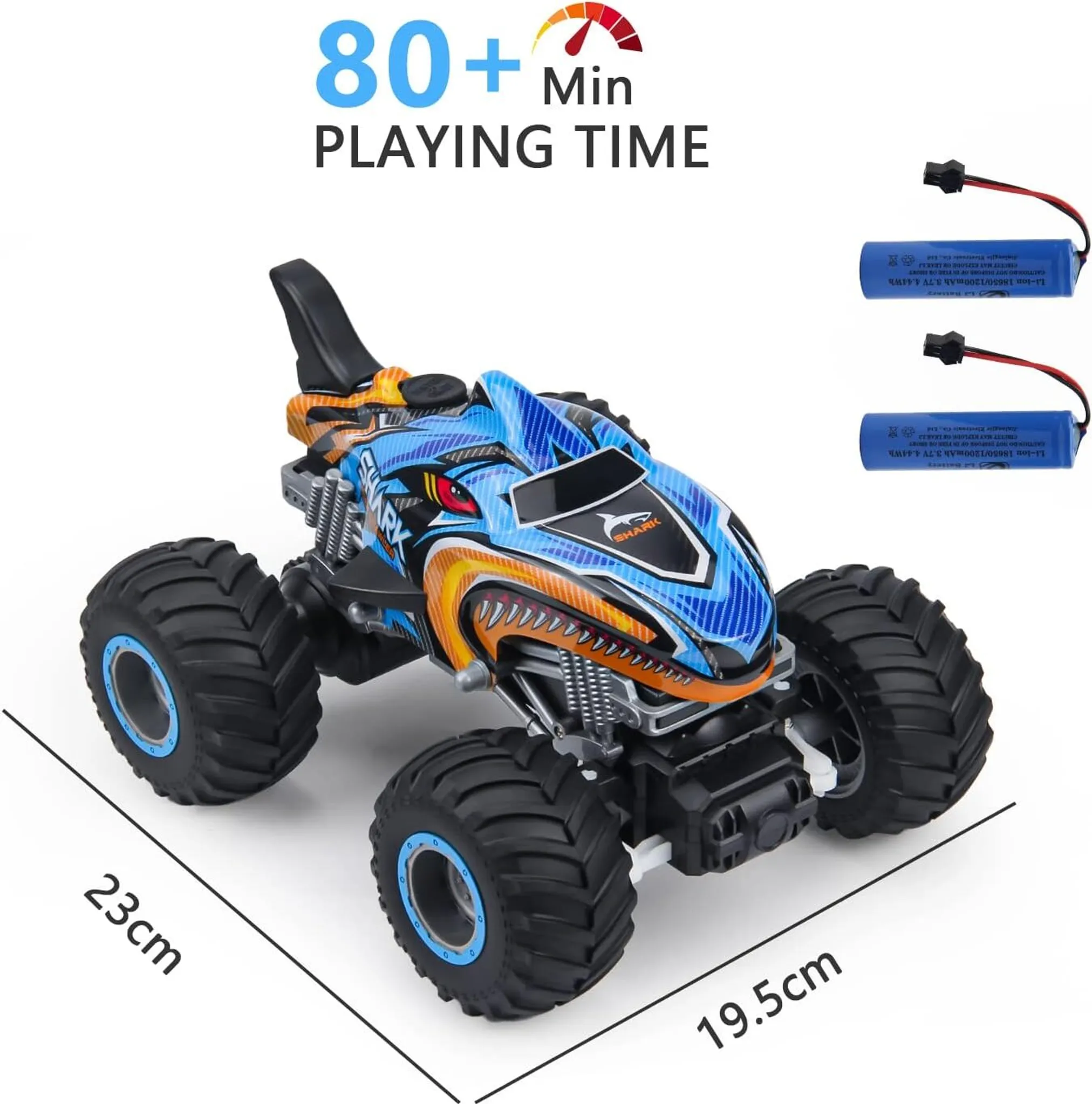 Ein blau-oranges ferngesteuertes Spielzeugauto mit großen Reifen und zwei Batterien.