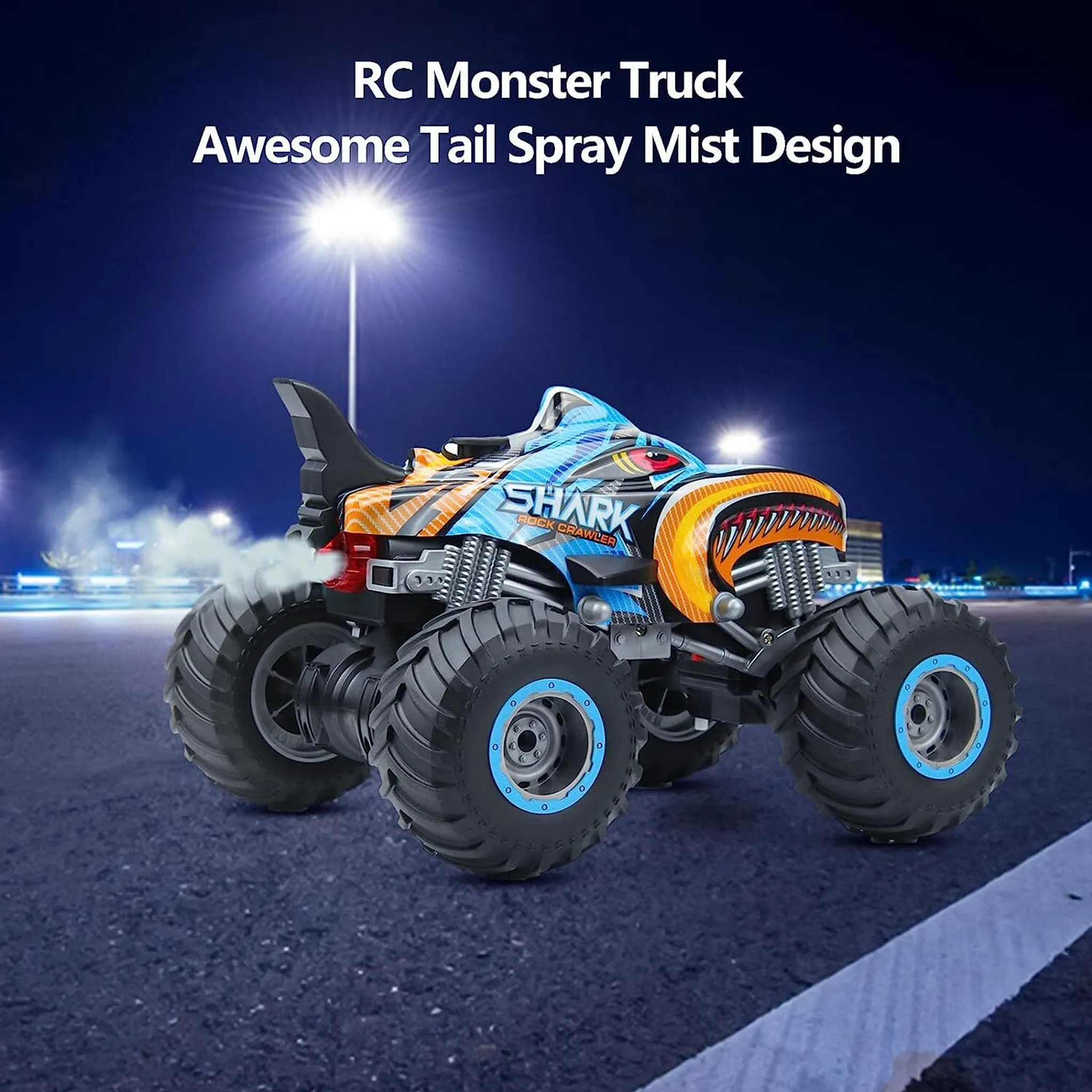 RC Monstertruck mit Hai-Design, sprüht Rauch aus dem Heck.