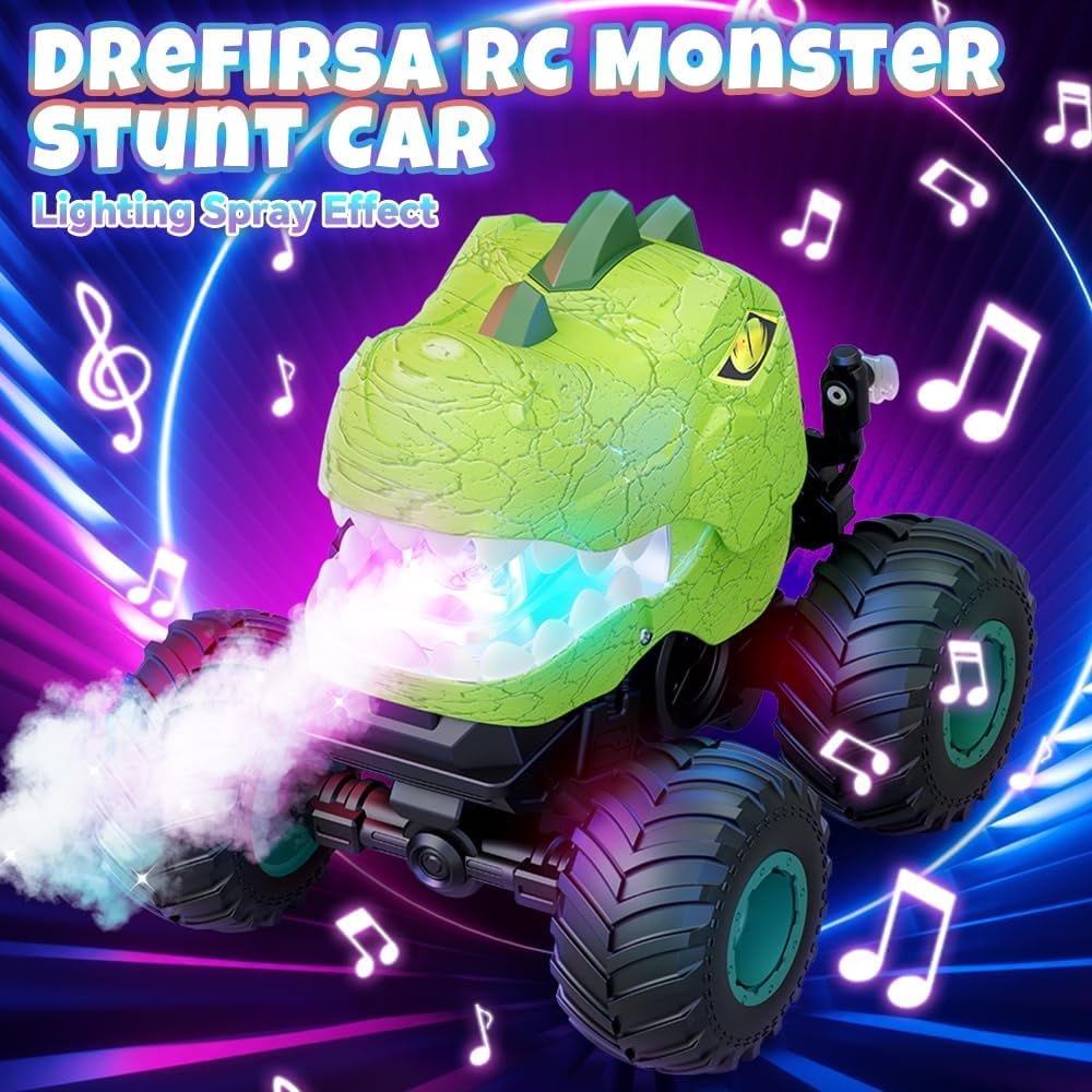Grüne Dinosaurier-RC-Monster-Stuntcar mit Lichtern und Rauch, bunte Hintergrund-Musiknoten.