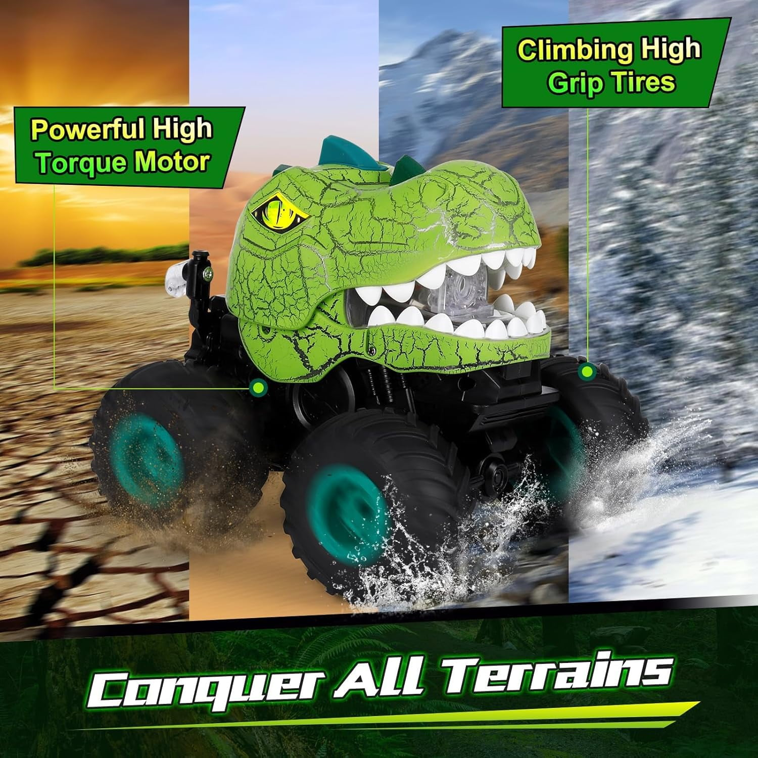 Grüner Dinosaurier-Monster-Truck fährt durch Schlamm, Sand, Schnee und Wasser.