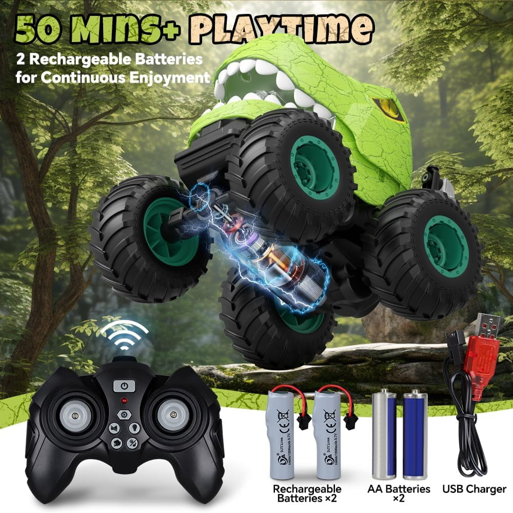 Grünes Dino-Monster-Truck-Spielzeug mit Fernbedienung, Batterien und Ladegerät.