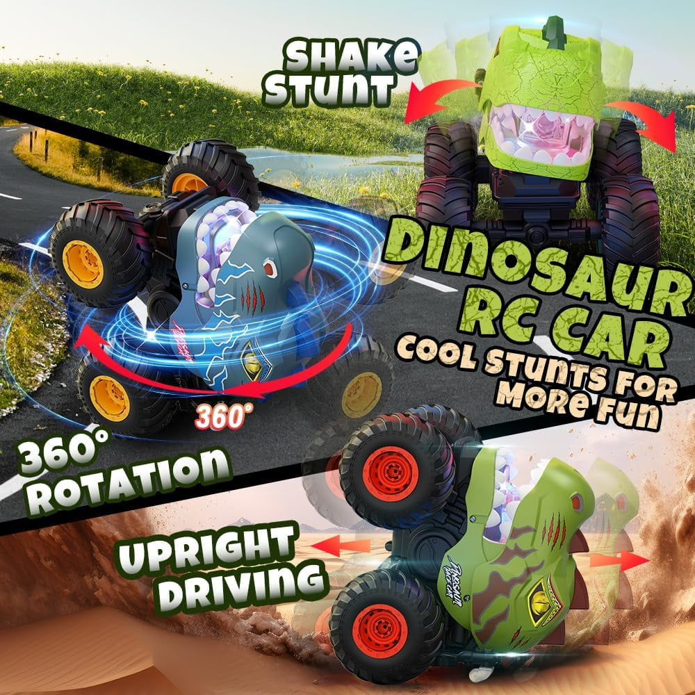 RC-Autos mit Dino-Design führen coole Stunts wie 360°-Rotation und aufrechte Fahrt aus.