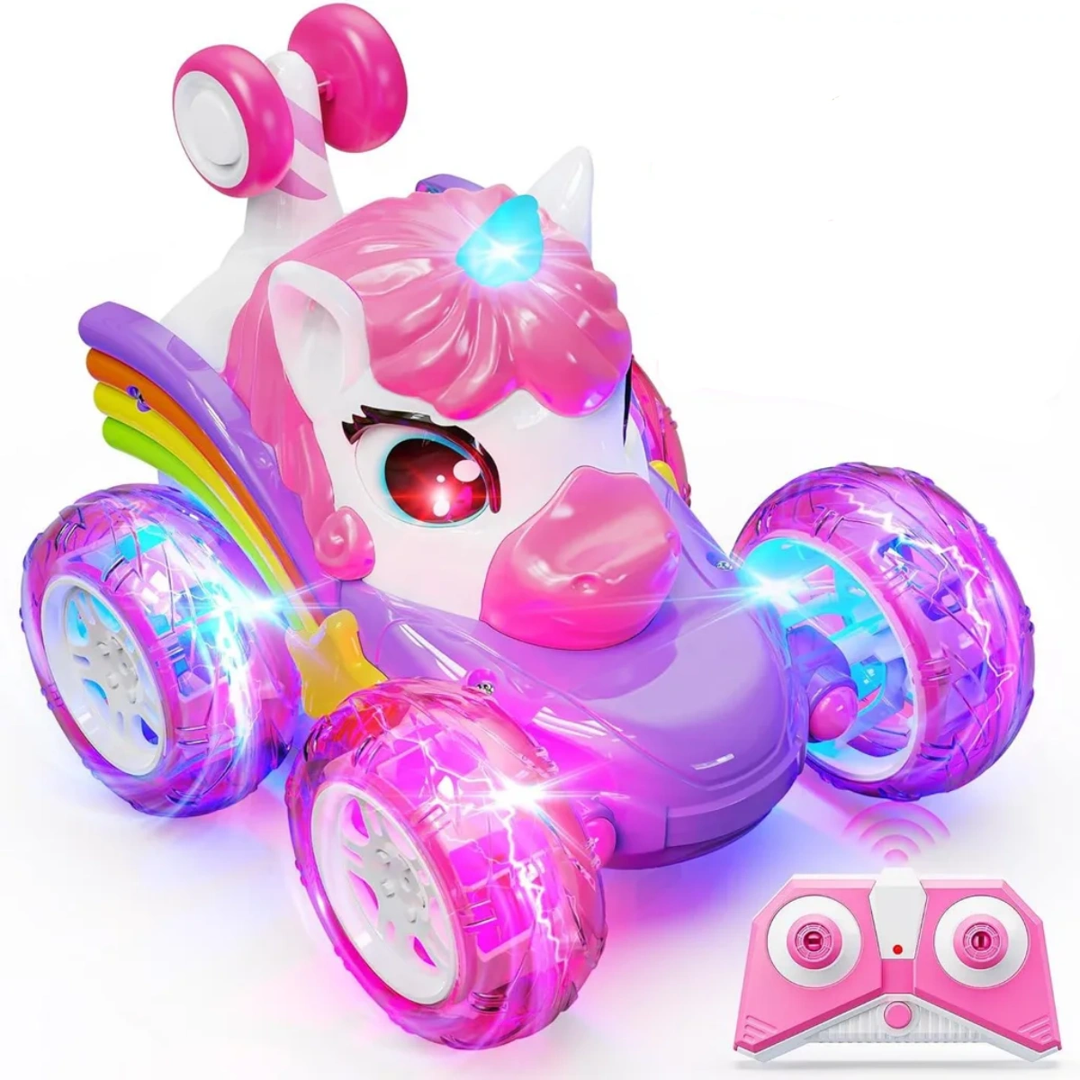 Ein violettes ferngesteuertes Einhorn-Auto mit bunten Lichtern und Fernbedienung.