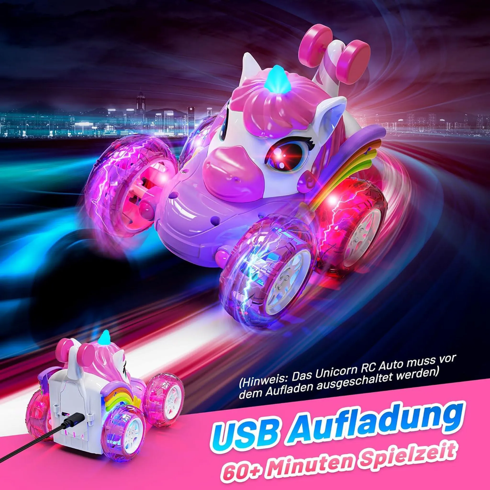 Ein lilafarbenes RC-Einhornauto mit leuchtenden Rädern fährt vor einer Stadtkulisse.