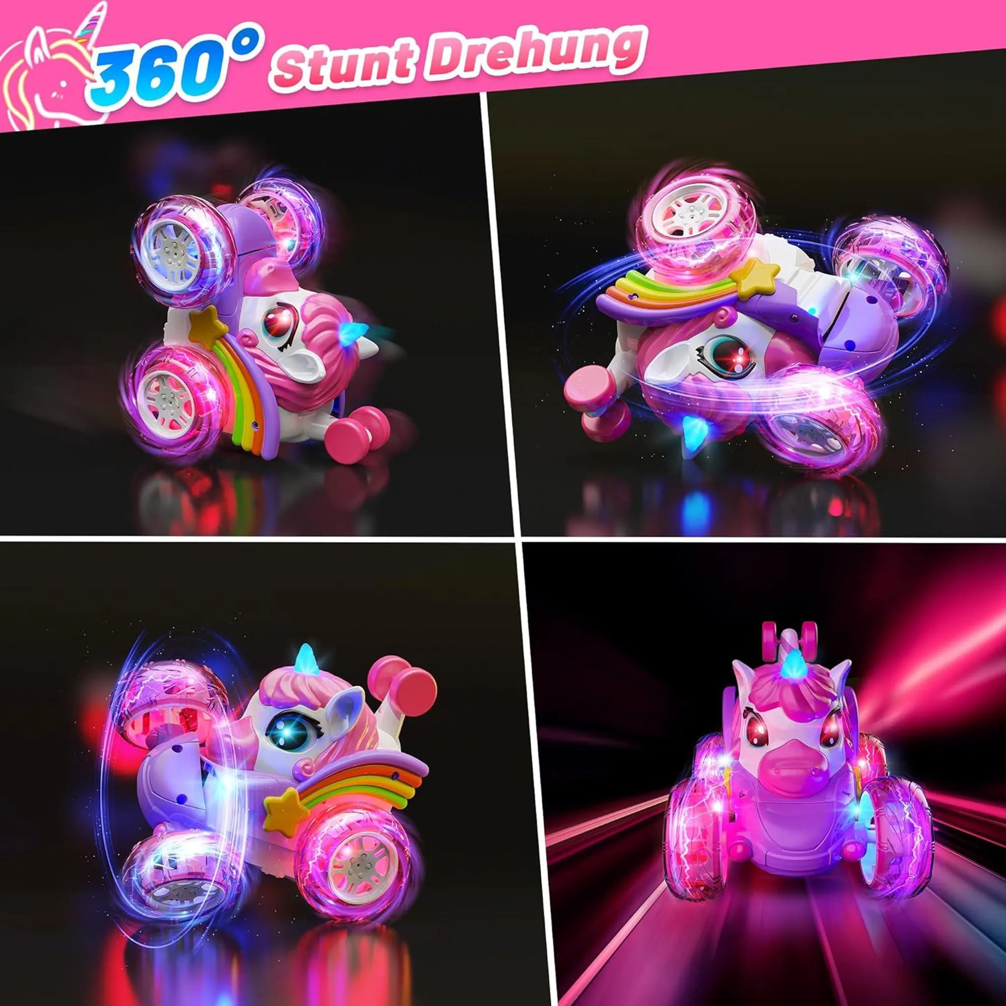 Ein lila Einhorn-Stunt-Auto mit bunten Lichtern und Regenbogen-Detail.