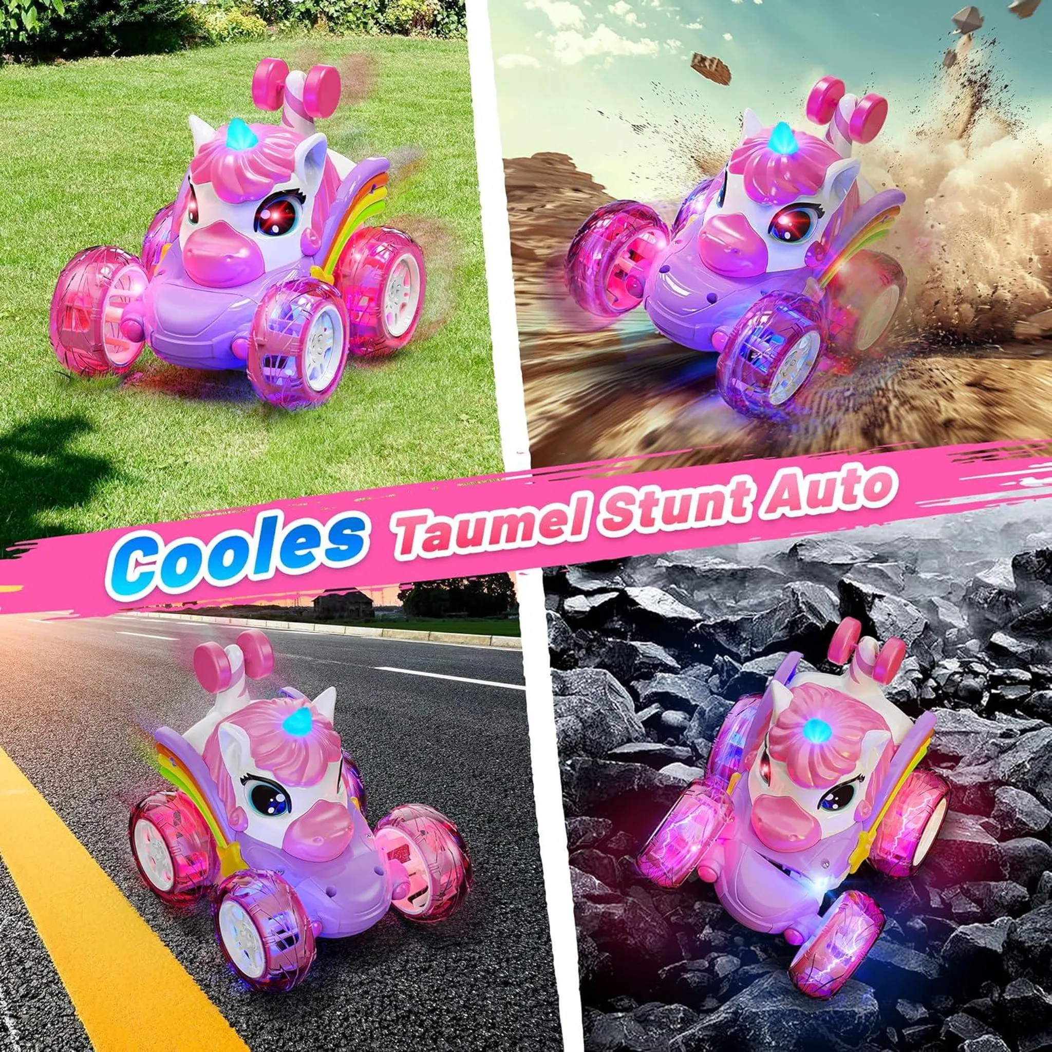 Ein pinkes Einhorn-Stunt-Auto auf Gras, Straße, Schmutz und Steinen.