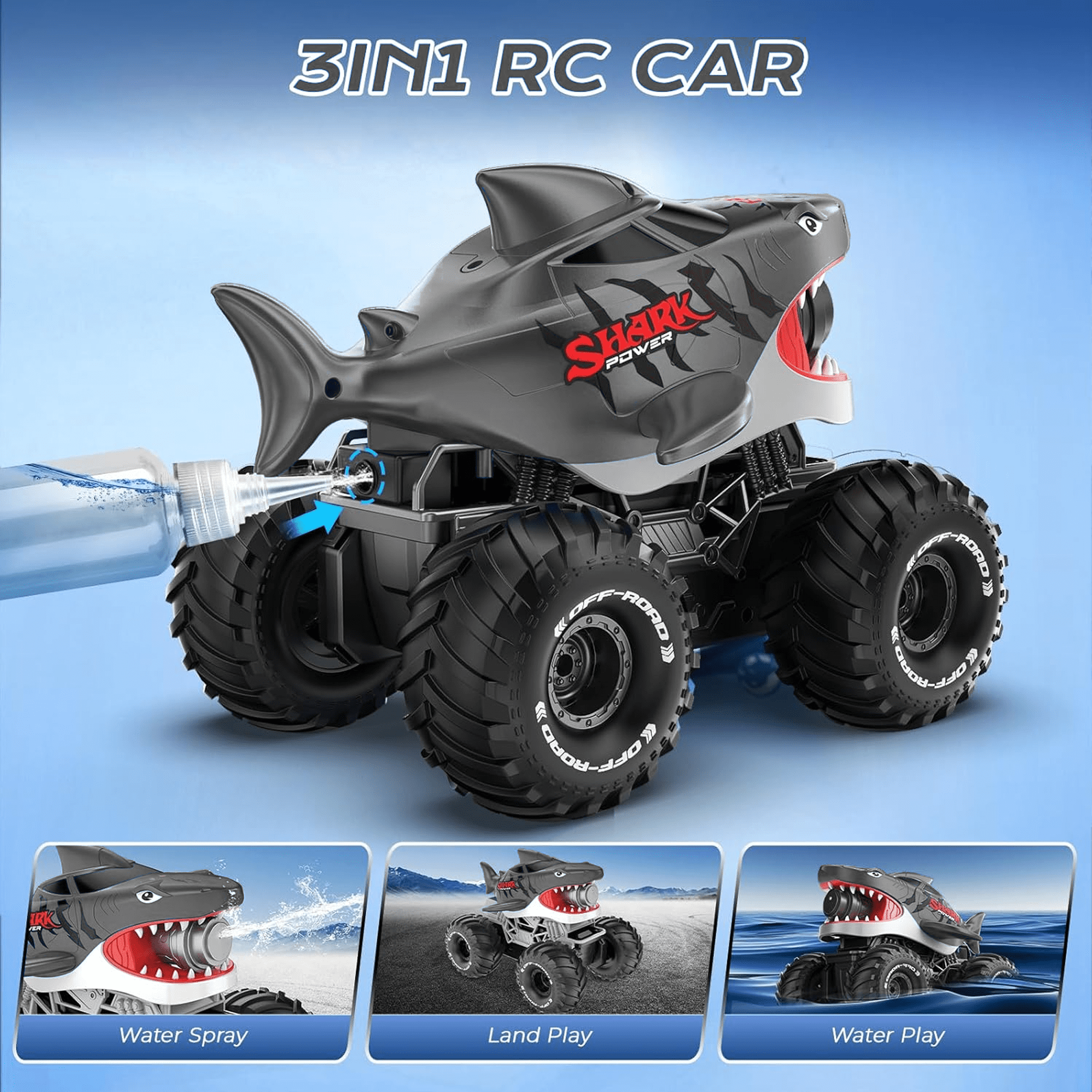 Ein graues RC-Auto in Hai-Form sprüht Wasser vor dem Hintergrund des Himmels.