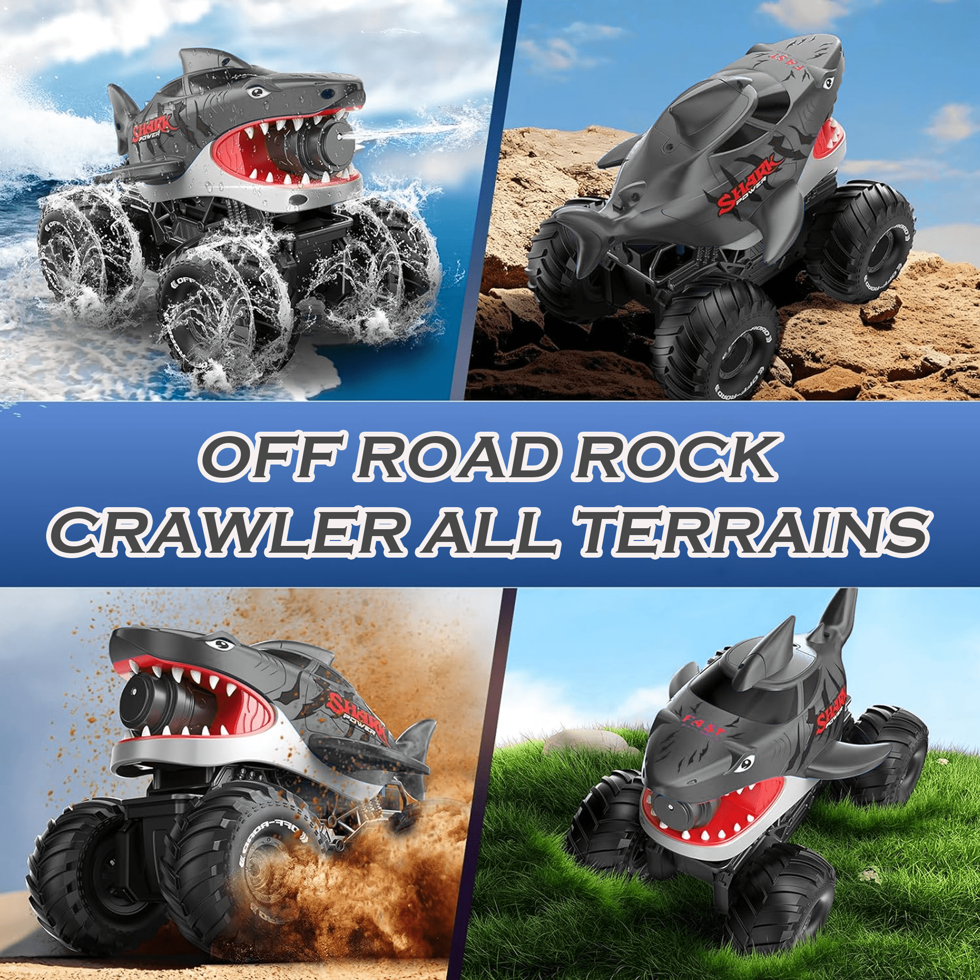 Ein graues ferngesteuertes Auto in Hai-Form fährt durch Wasser, Sand und Gras.
