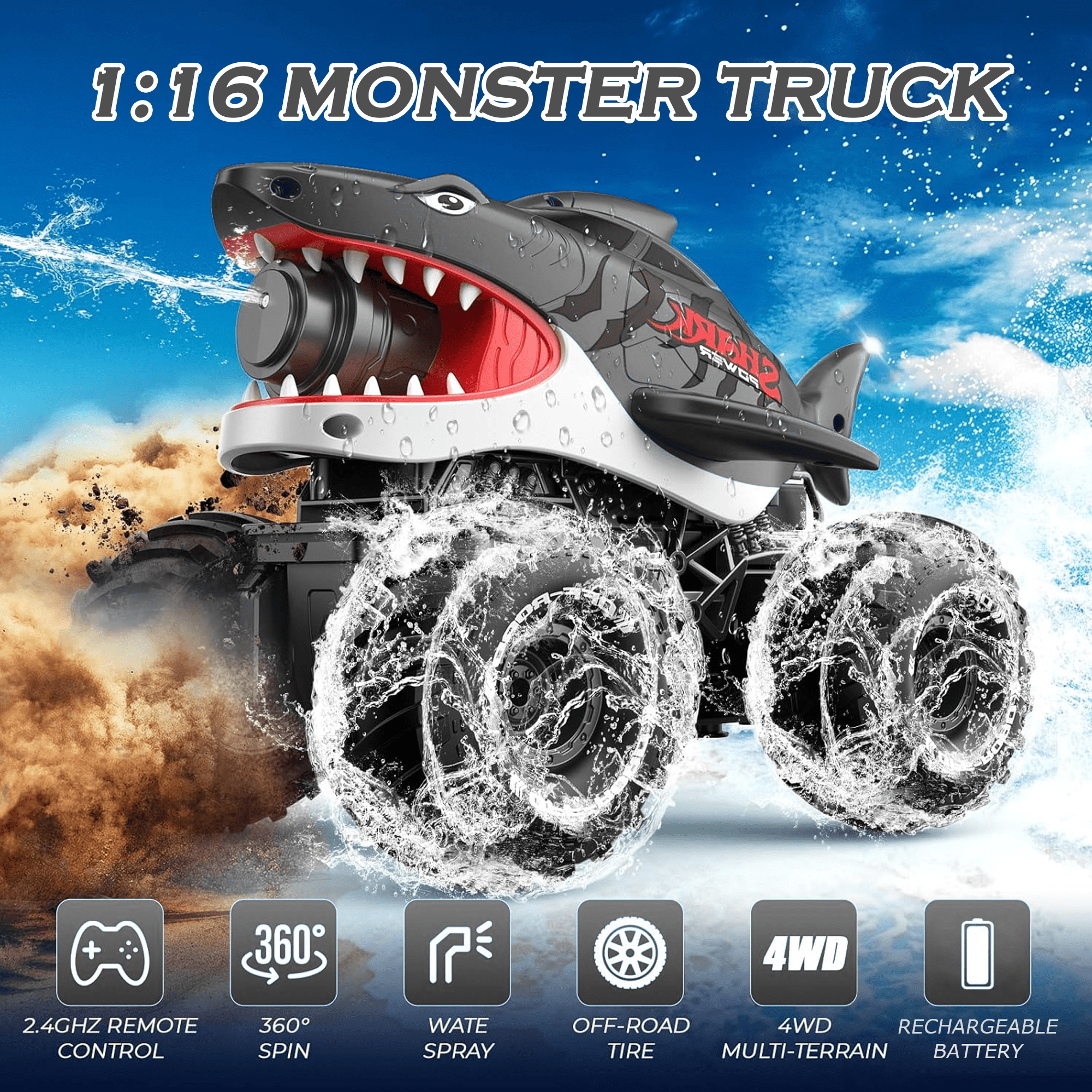 Ein ferngesteuerter Monstertruck in Hai-Optik sprüht Wasser auf einem Feld.