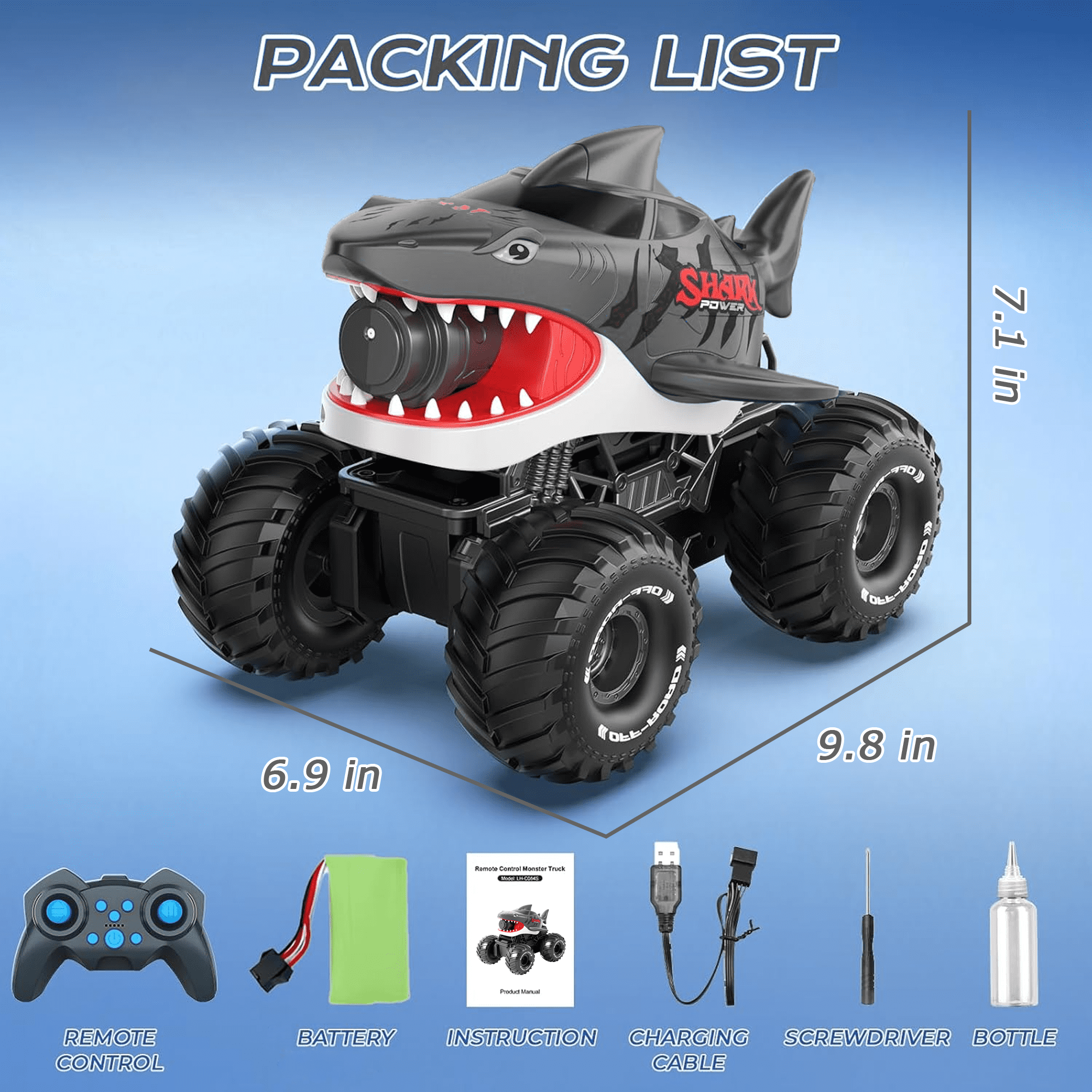 Spielzeug-Monster-Truck in Hai-Form mit Fernbedienung und Zubehör.