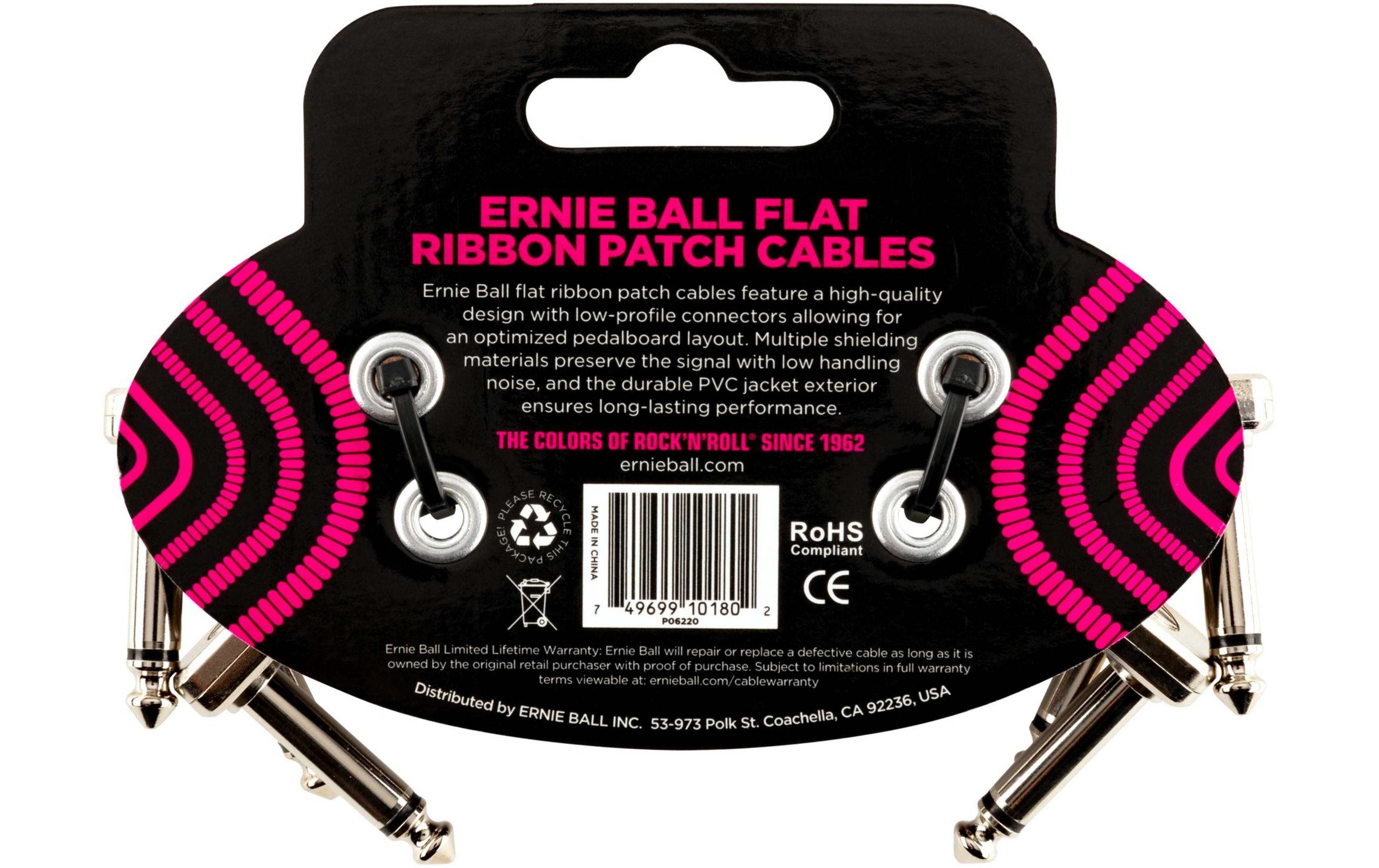 Cavi patch a nastro Ernie Ball, neri con accenti rosa, connettori argentati.