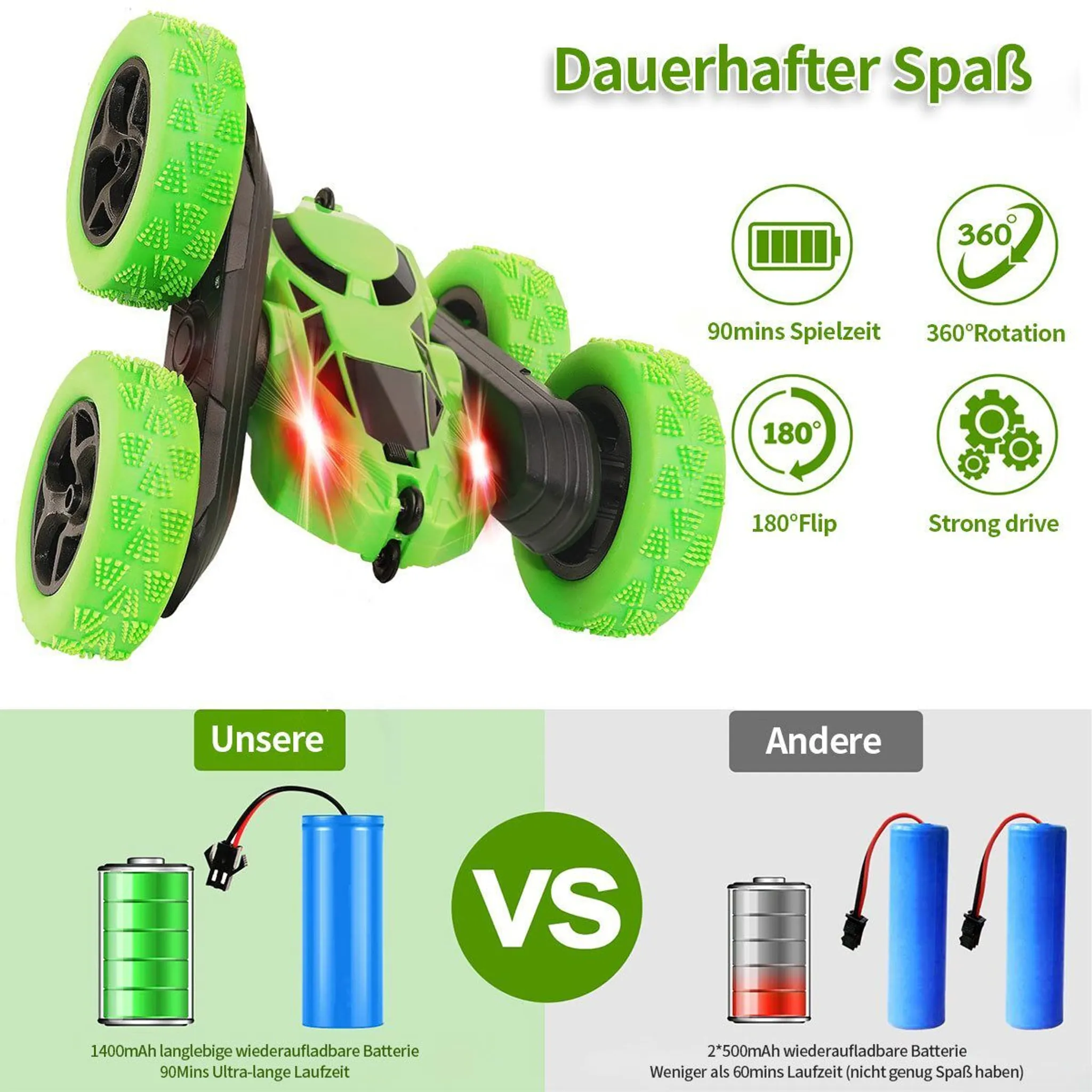 Grünes Stunt-Auto mit großen Rädern, das 360° drehen und 180° kippen kann.