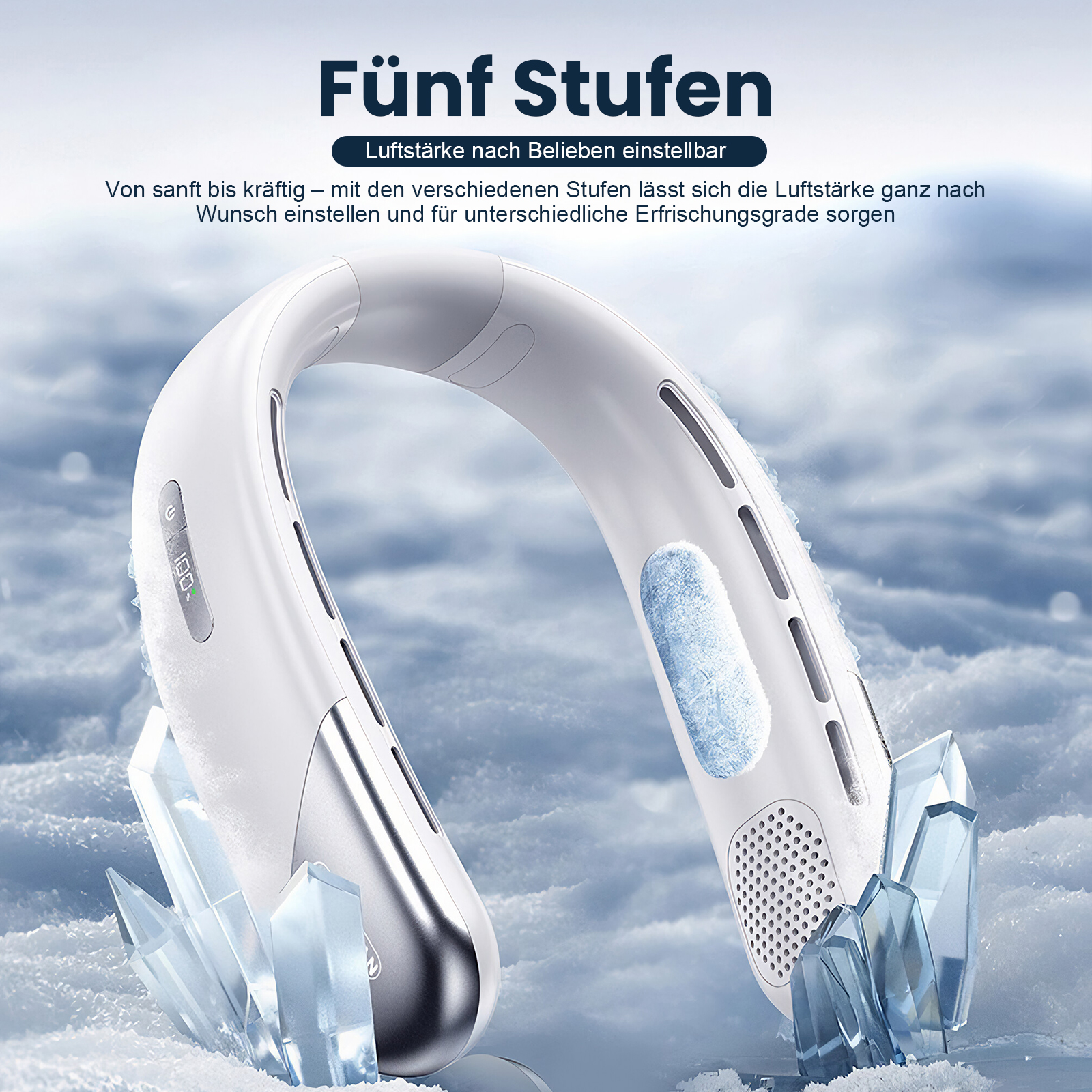 Ein weißer Nackenventilator mit silbernen Akzenten, umgeben von Schnee und Eis.