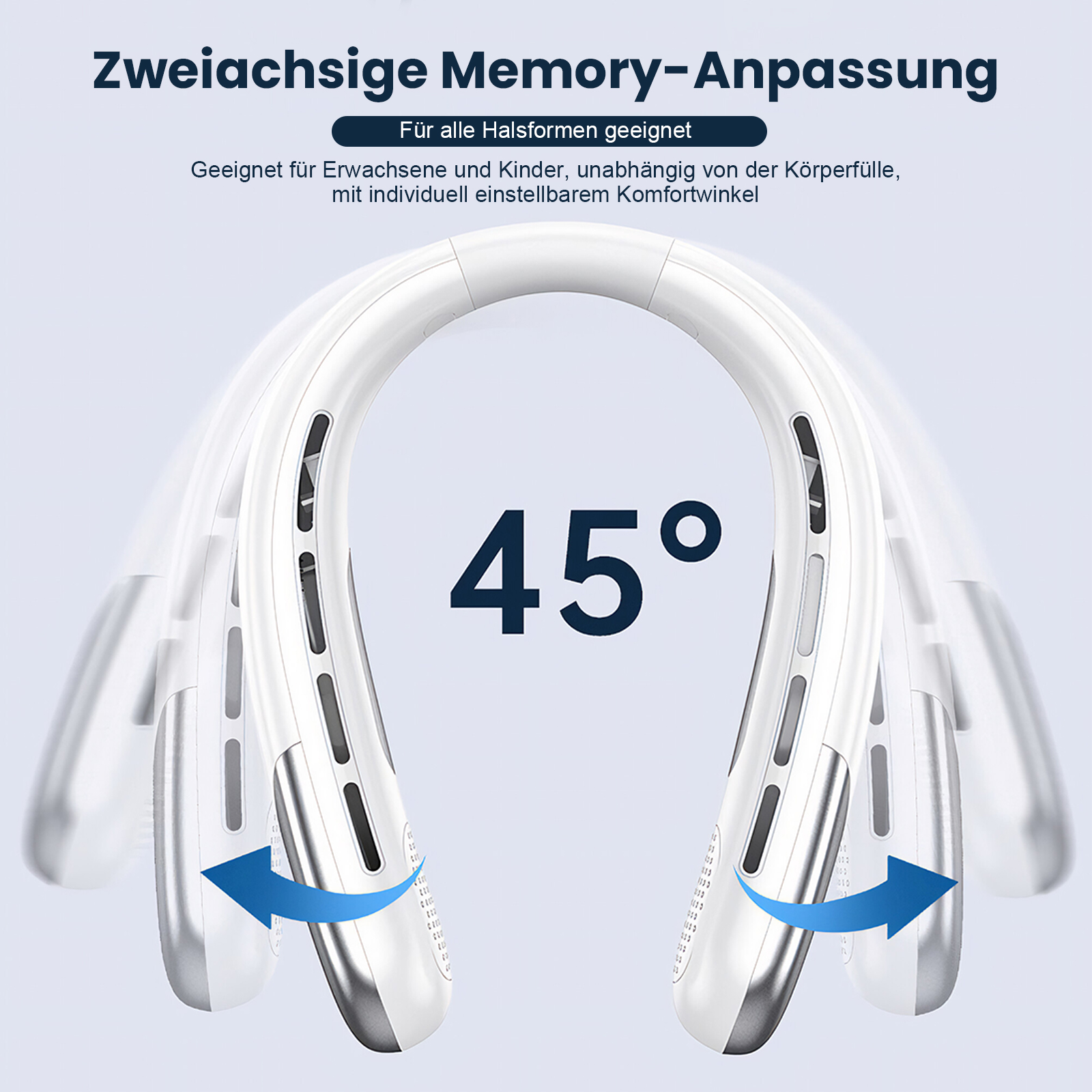 Ein weißes Nackengerät mit zwei Armen, die sich um 45 Grad bewegen lassen.
