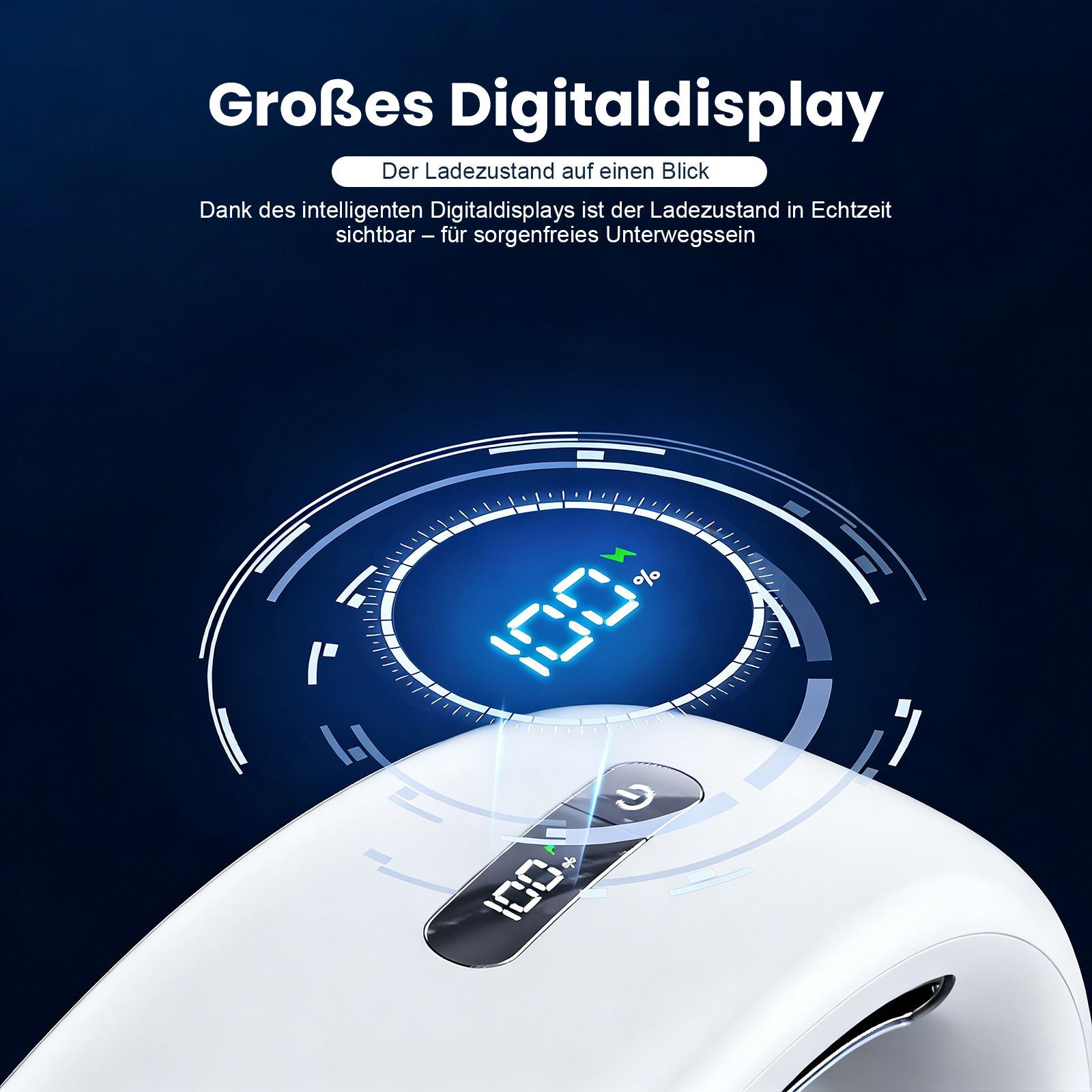 Ein weißes Gerät mit digitaler Anzeige zeigt 100% Ladung an.