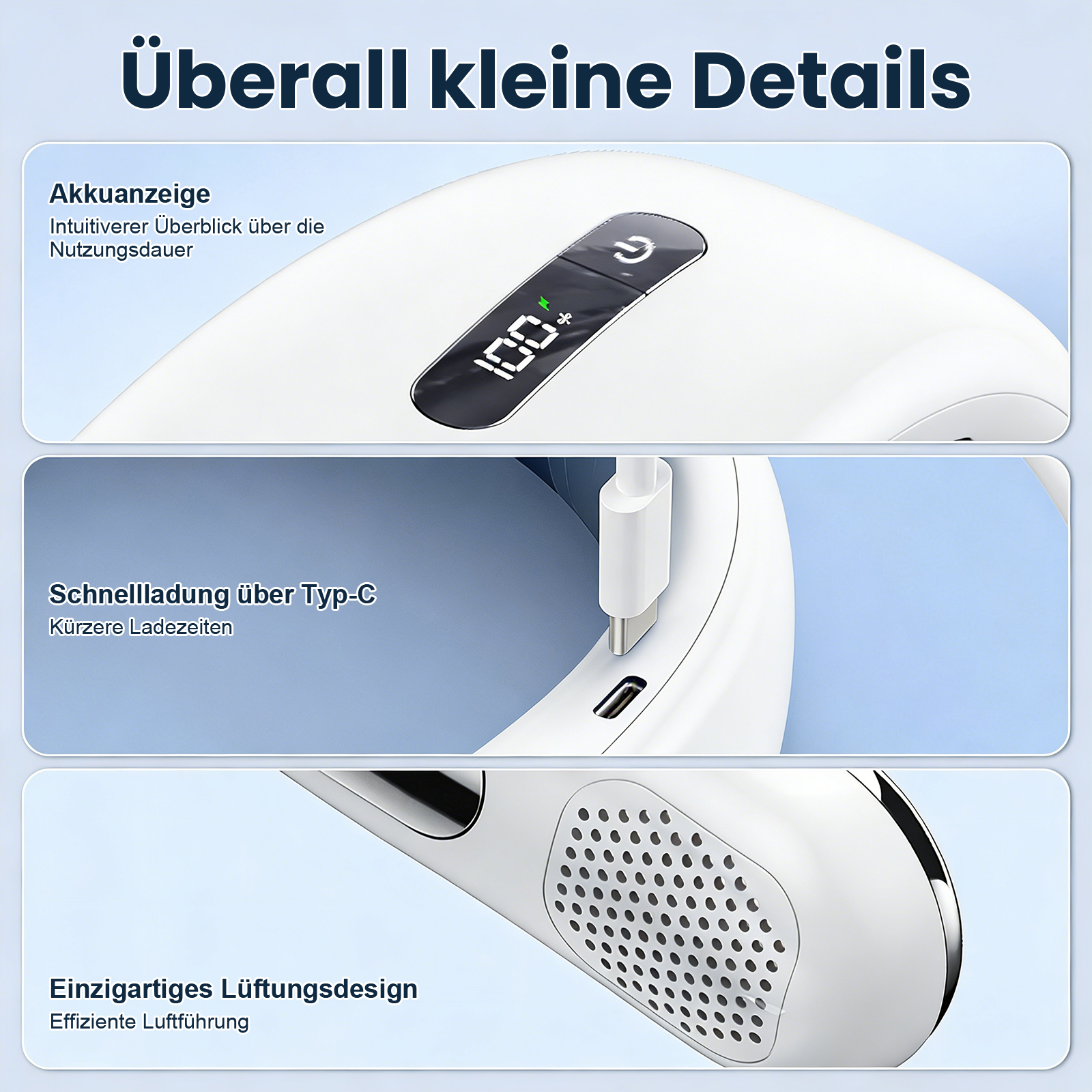 Weiße technische Geräte mit Ladeanzeige, Typ-C-Anschluss und Lüftungsschlitzen.