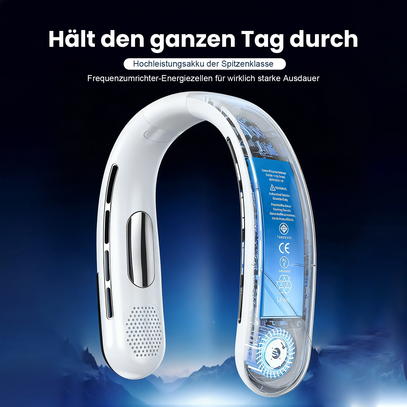 Ein weißer Nackenventilator mit transparentem Gehäuse, der auf einem blauen Hintergrund steht.