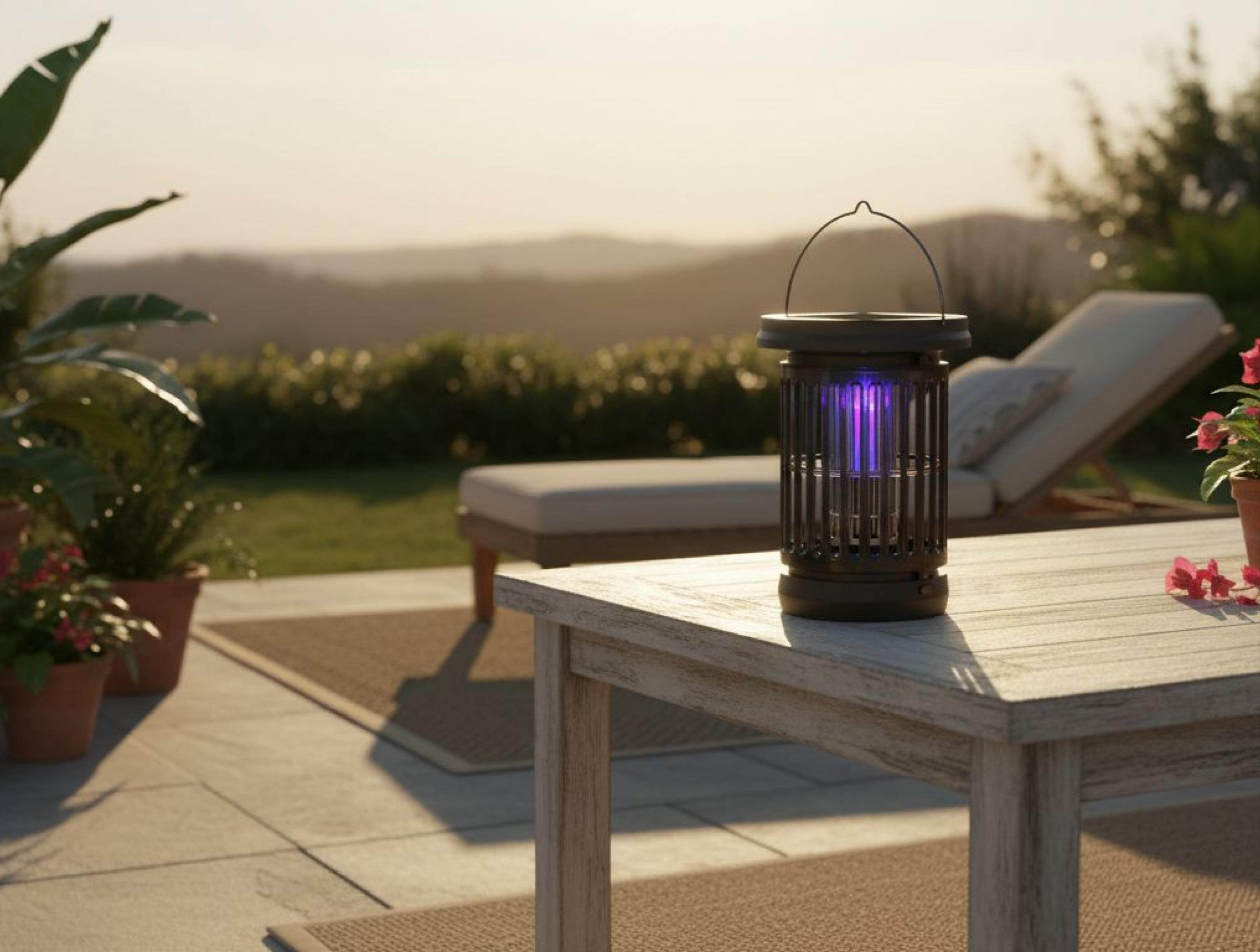 Un insectocutor tipo linterna está sobre una mesa exterior al atardecer.