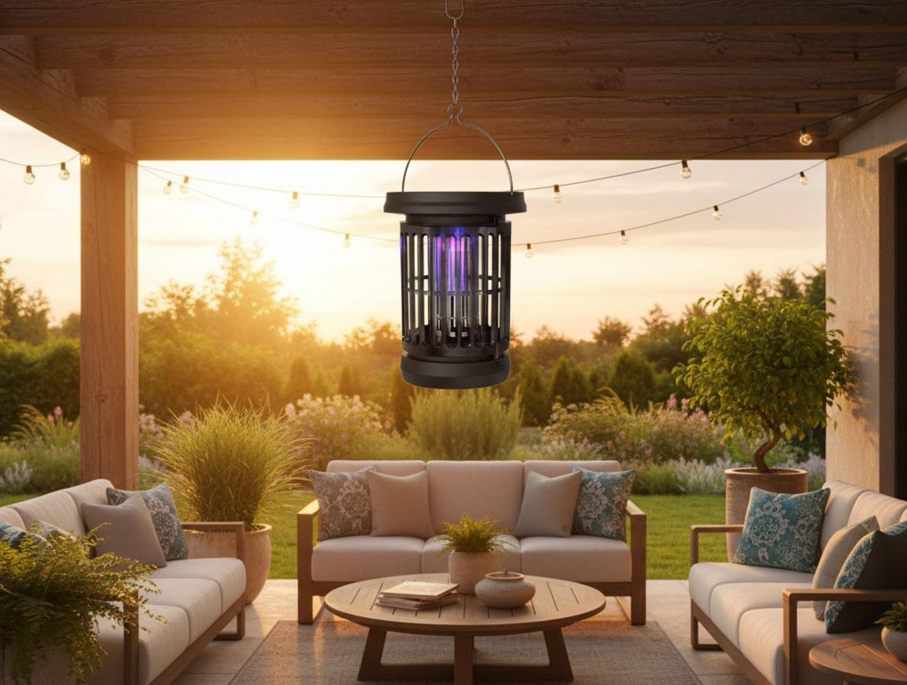 Un insecticida cuelga sobre una zona de asientos al aire libre al atardecer.